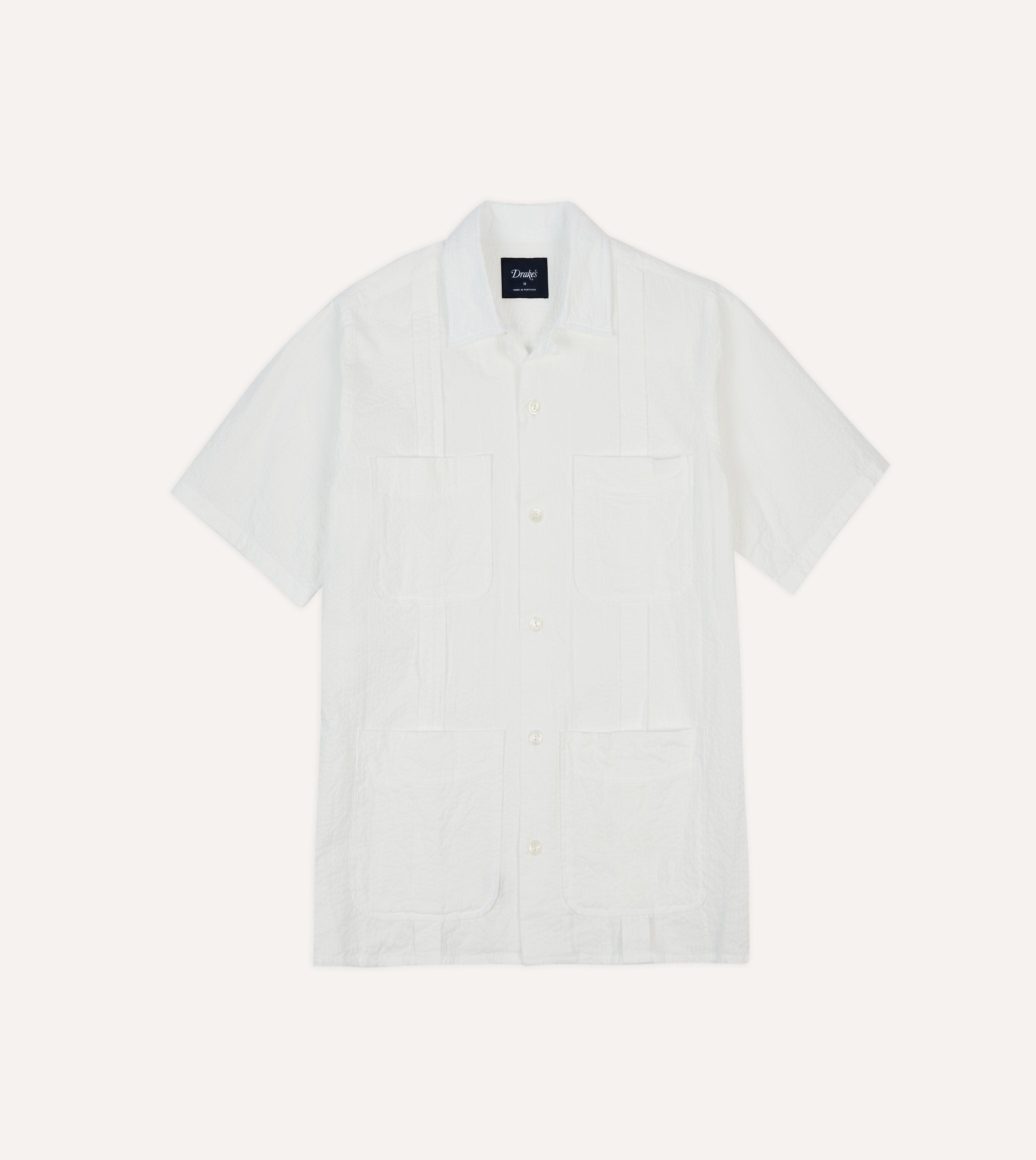 White Cotton-Linen Short Sleeve Cuban Shirt
