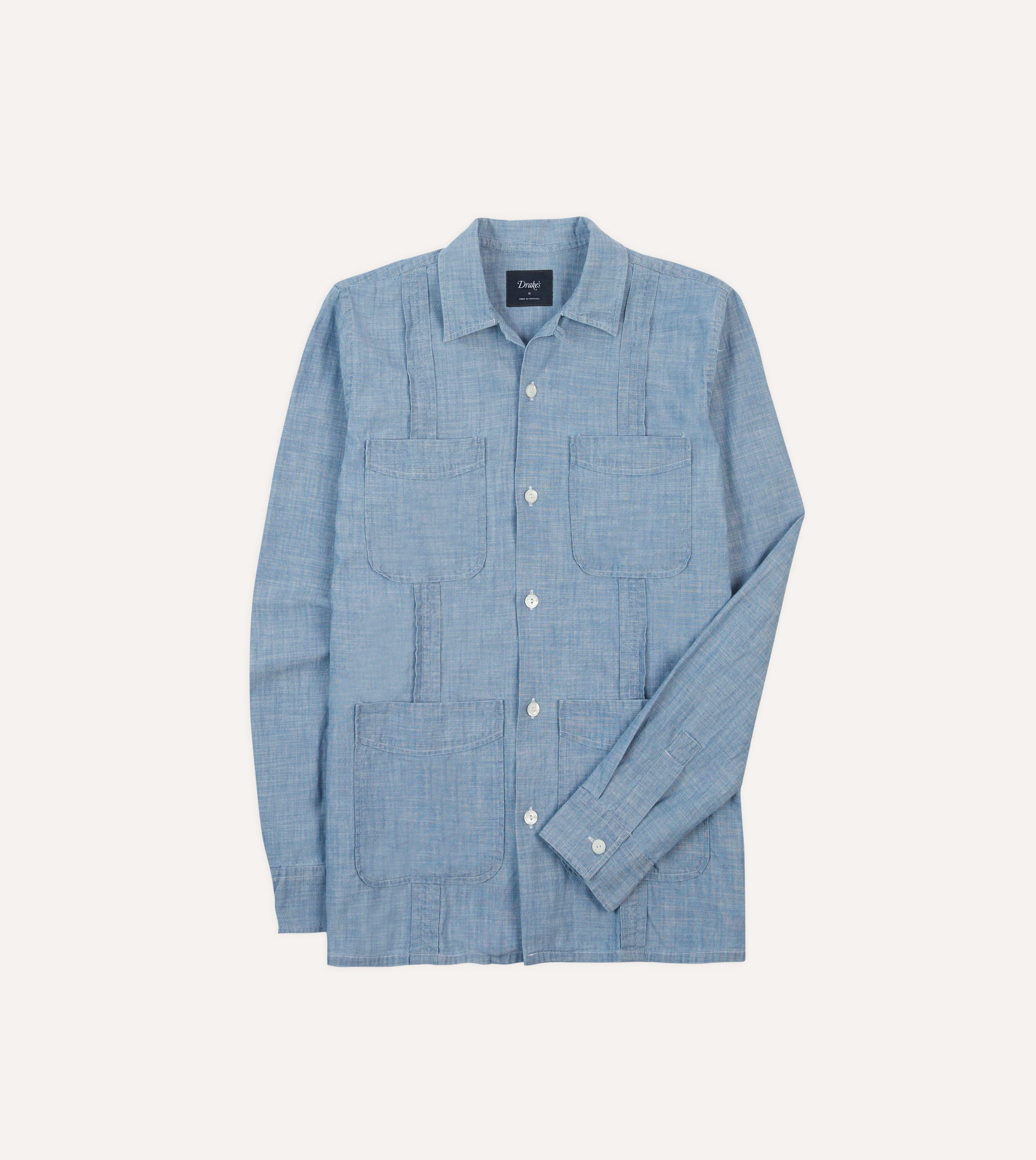 Bleach Wash Chambray Cotton Long Sleeve Cuban Shirt