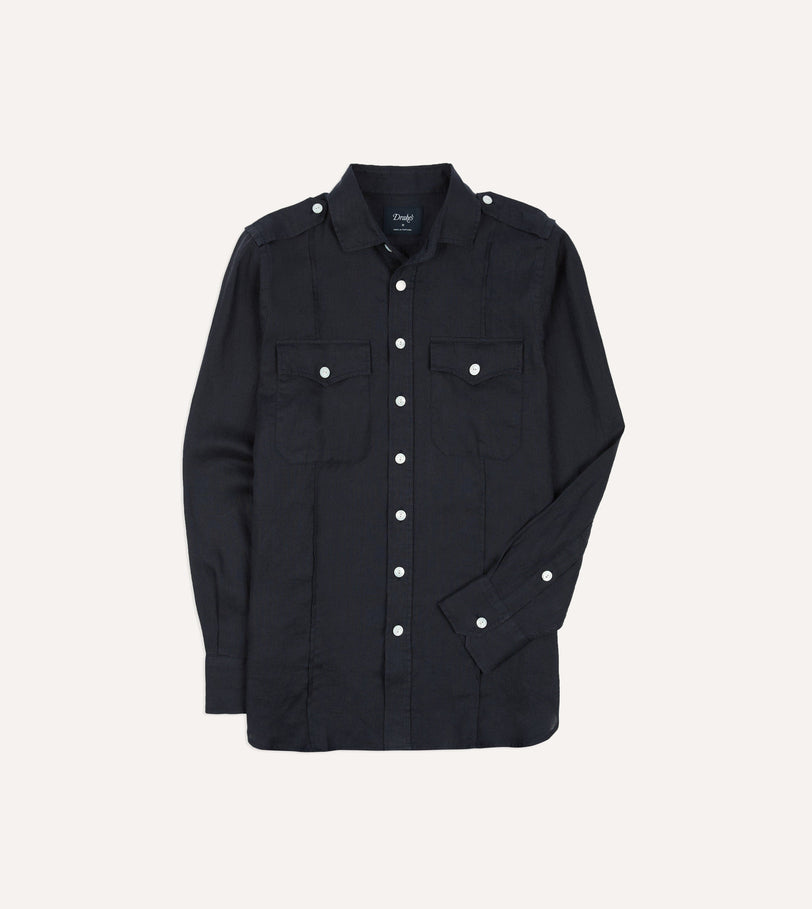 Navy Linen Pintuck Military Shirt