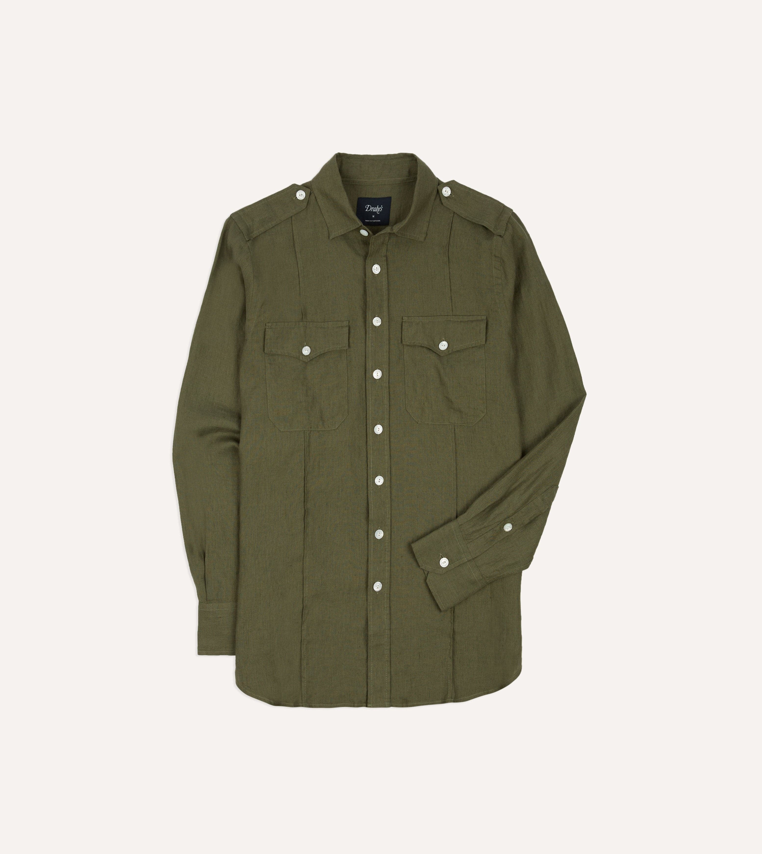 Khaki Linen Pintuck Military Shirt