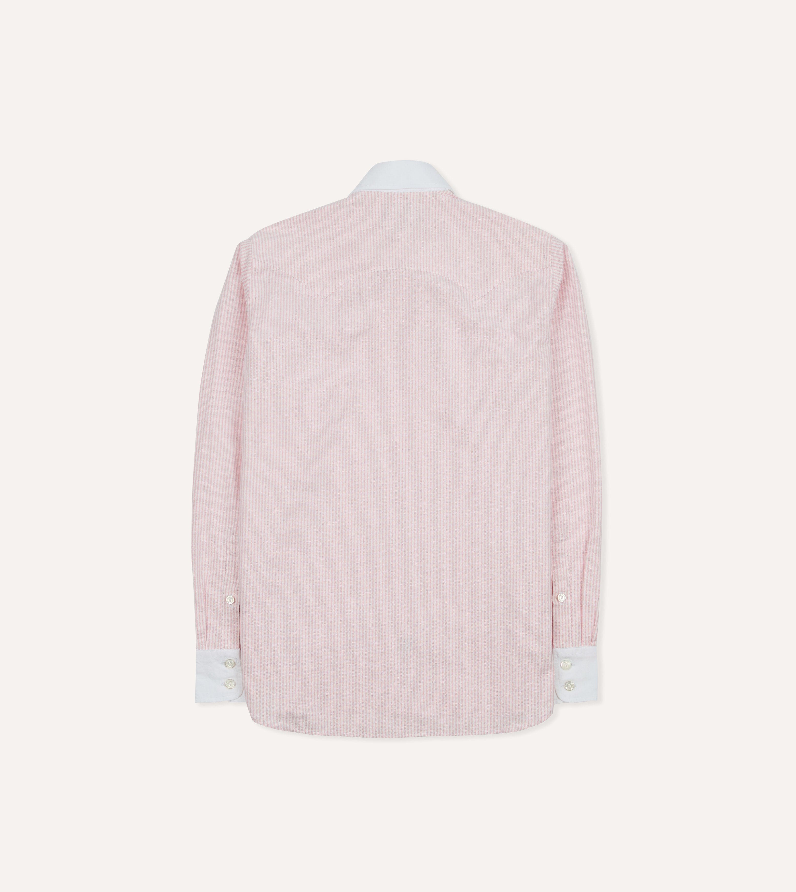 Pink Ticking Stripe Cotton Oxford Long Point Collar Western Shirt