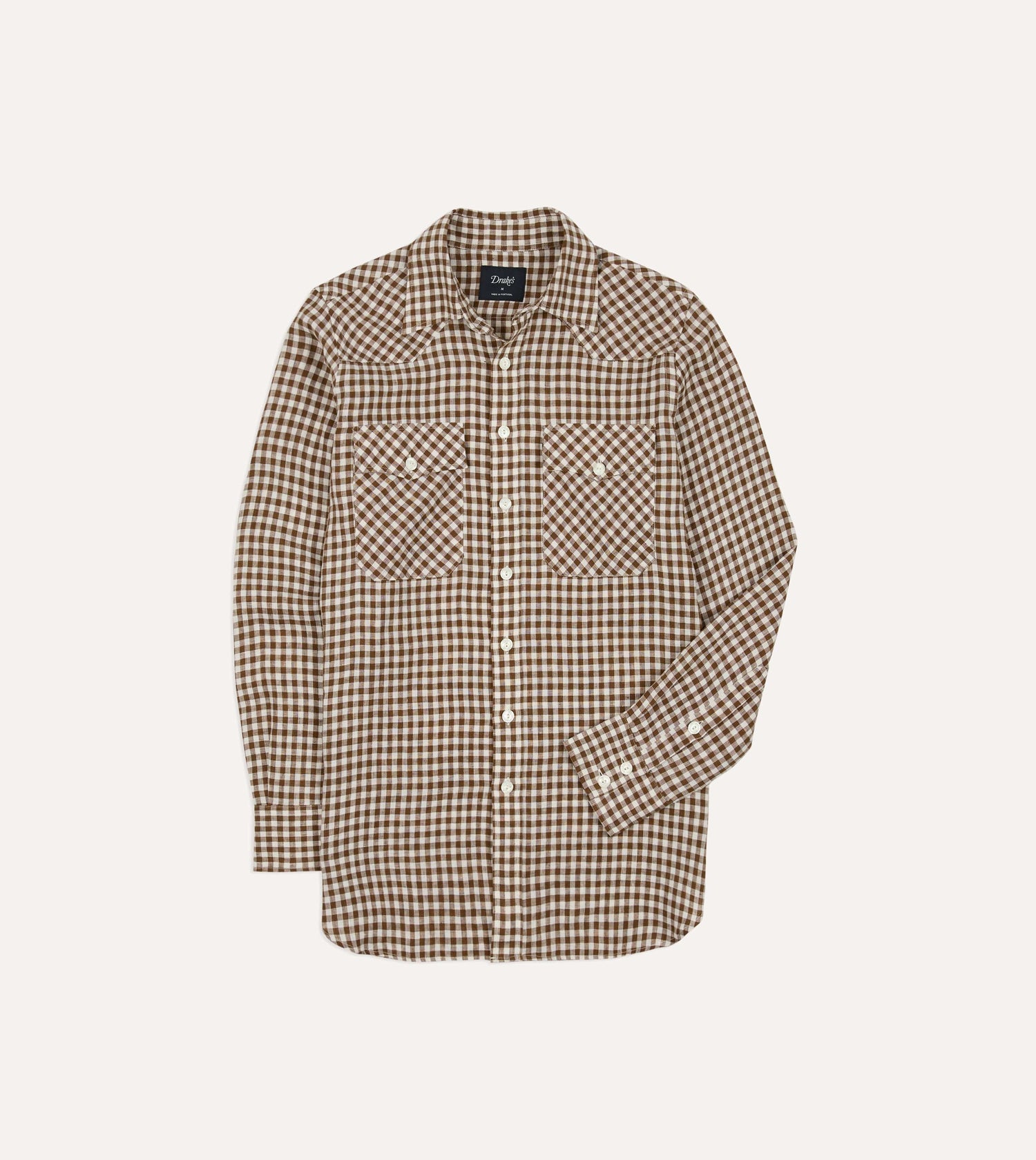 Brown Gingham Check Linen Two-Pocket Western Shirt