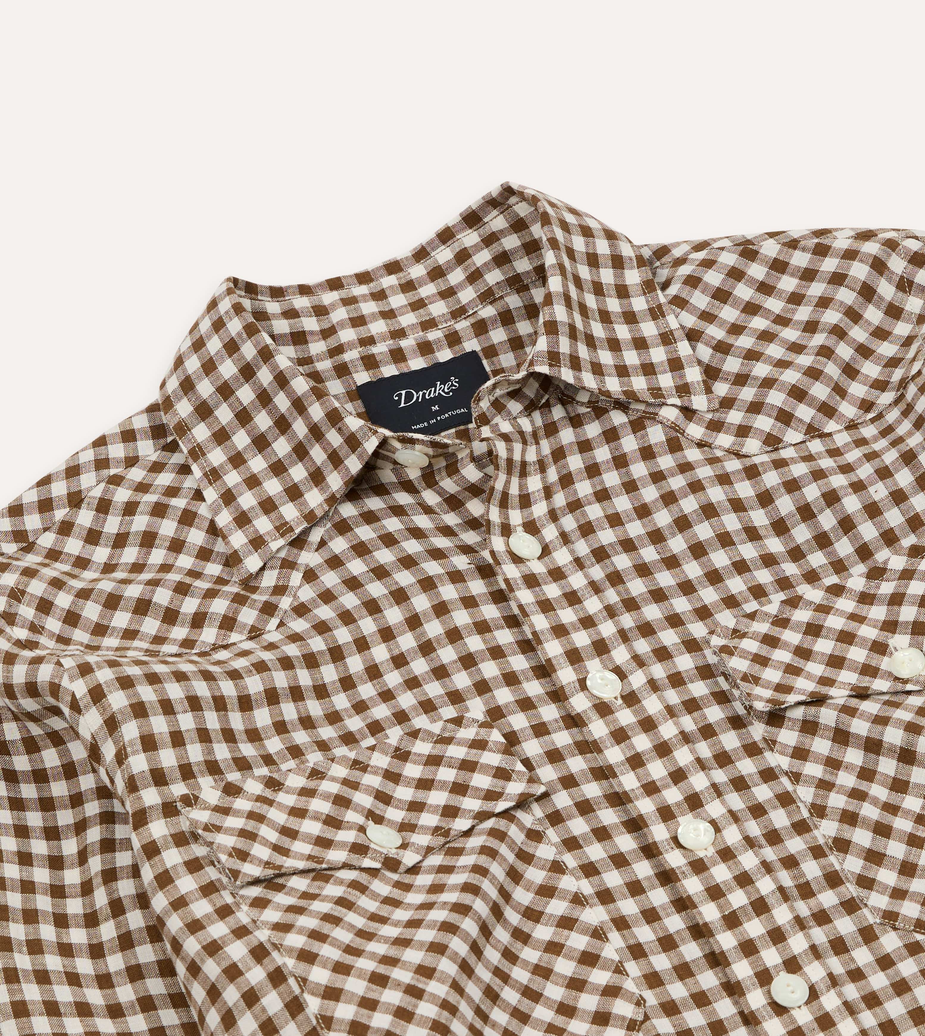 Brown Gingham Check Linen Two-Pocket Western Shirt Drakes Brown Gingham Check Linen Two-Pocket Western Shirt Drakes