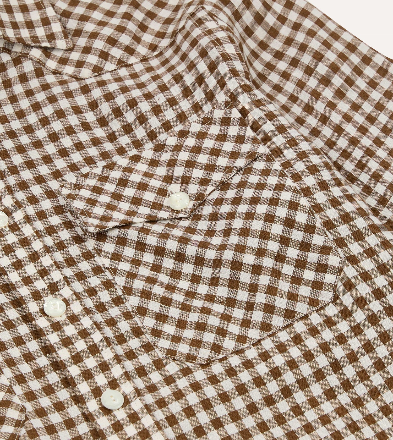 Brown Gingham Check Linen Two-Pocket Western Shirt