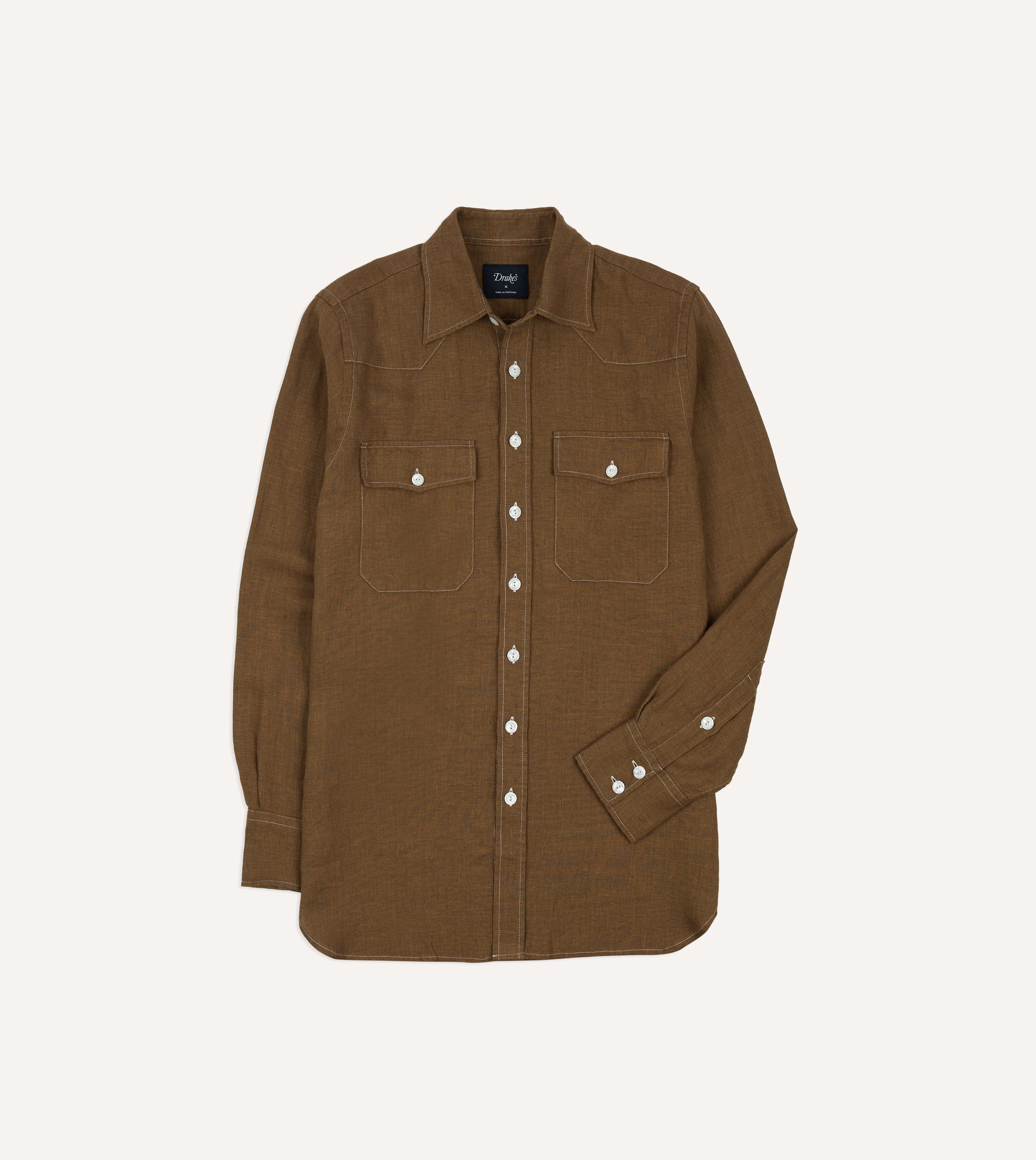 Brown Linen Two-Pocket Western Shirt – Drakes