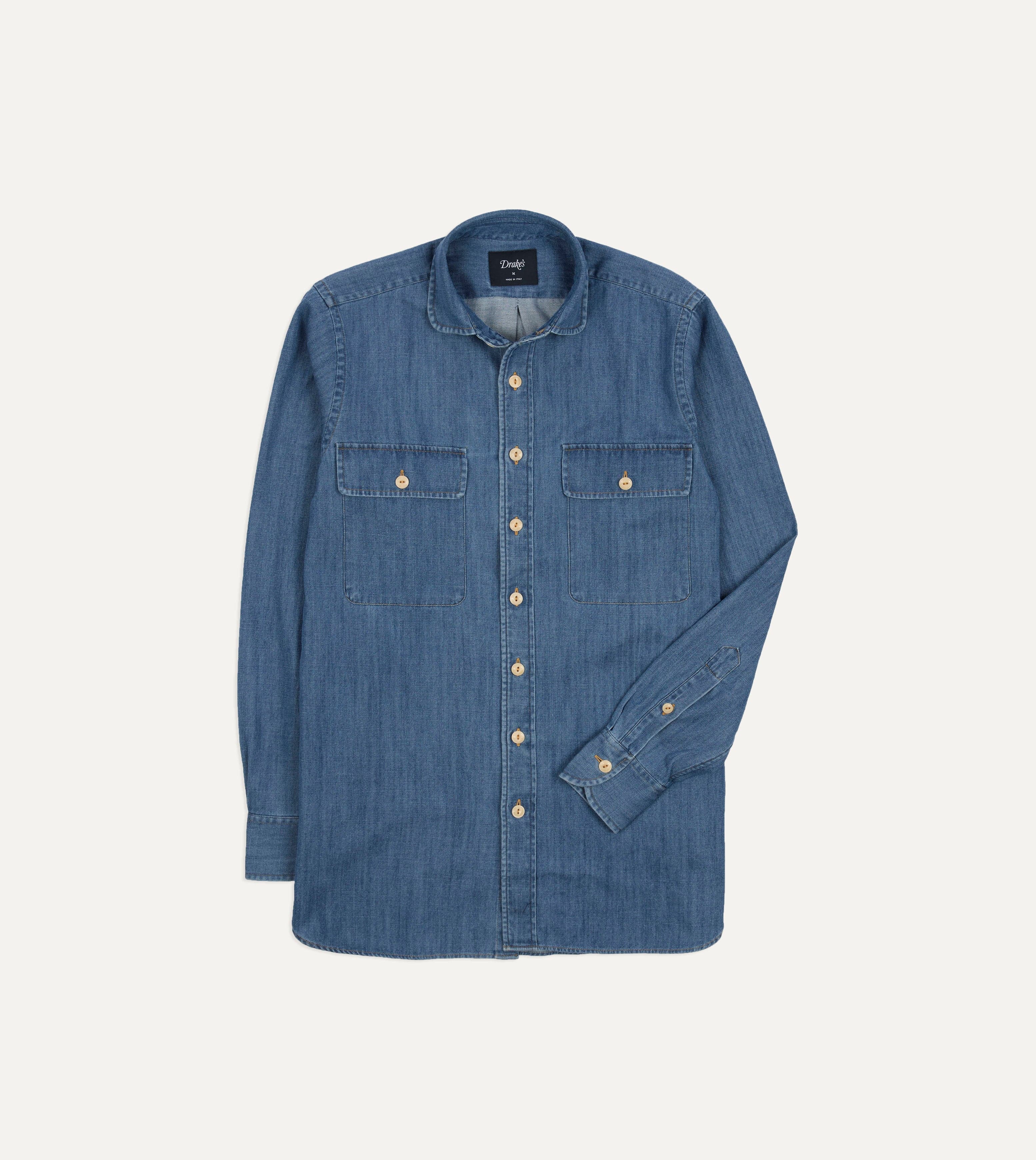 Stone Wash Denim Club Collar Work Shirt
