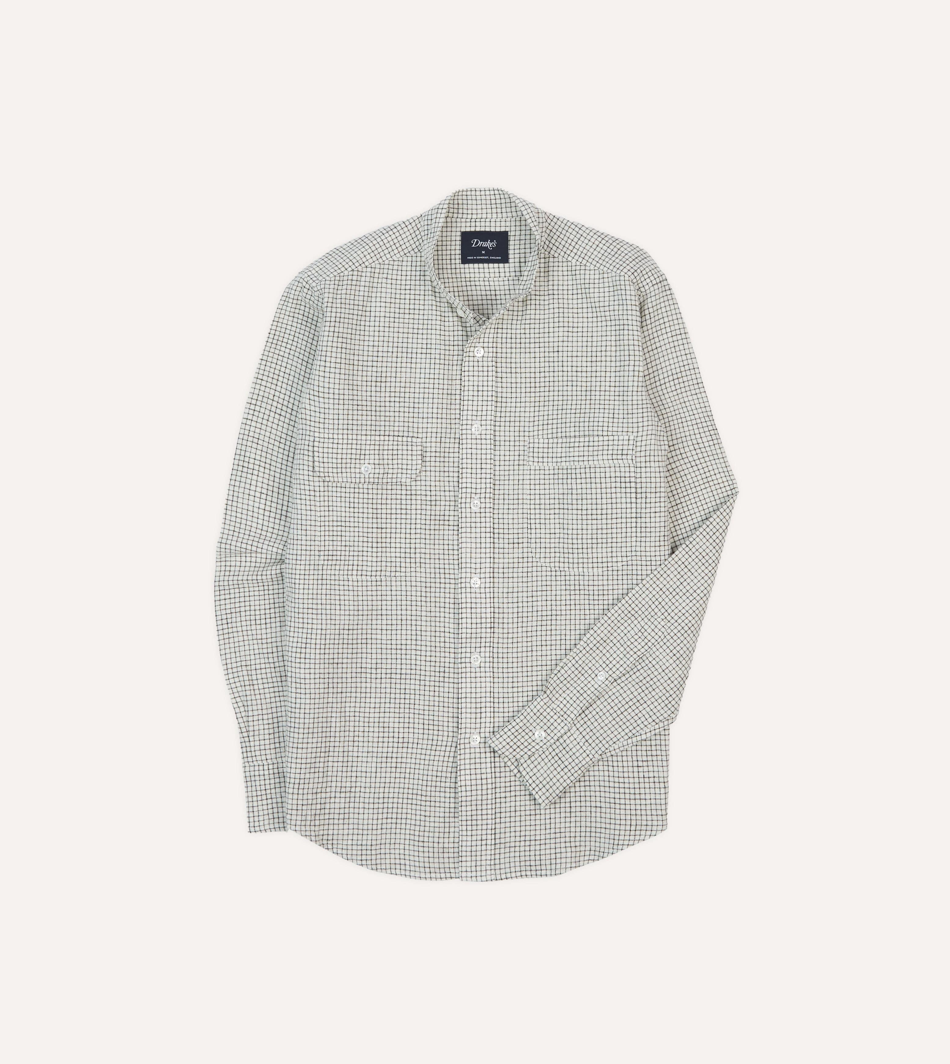 Ecru Check Linen-Cotton Mandarin Collar Shirt