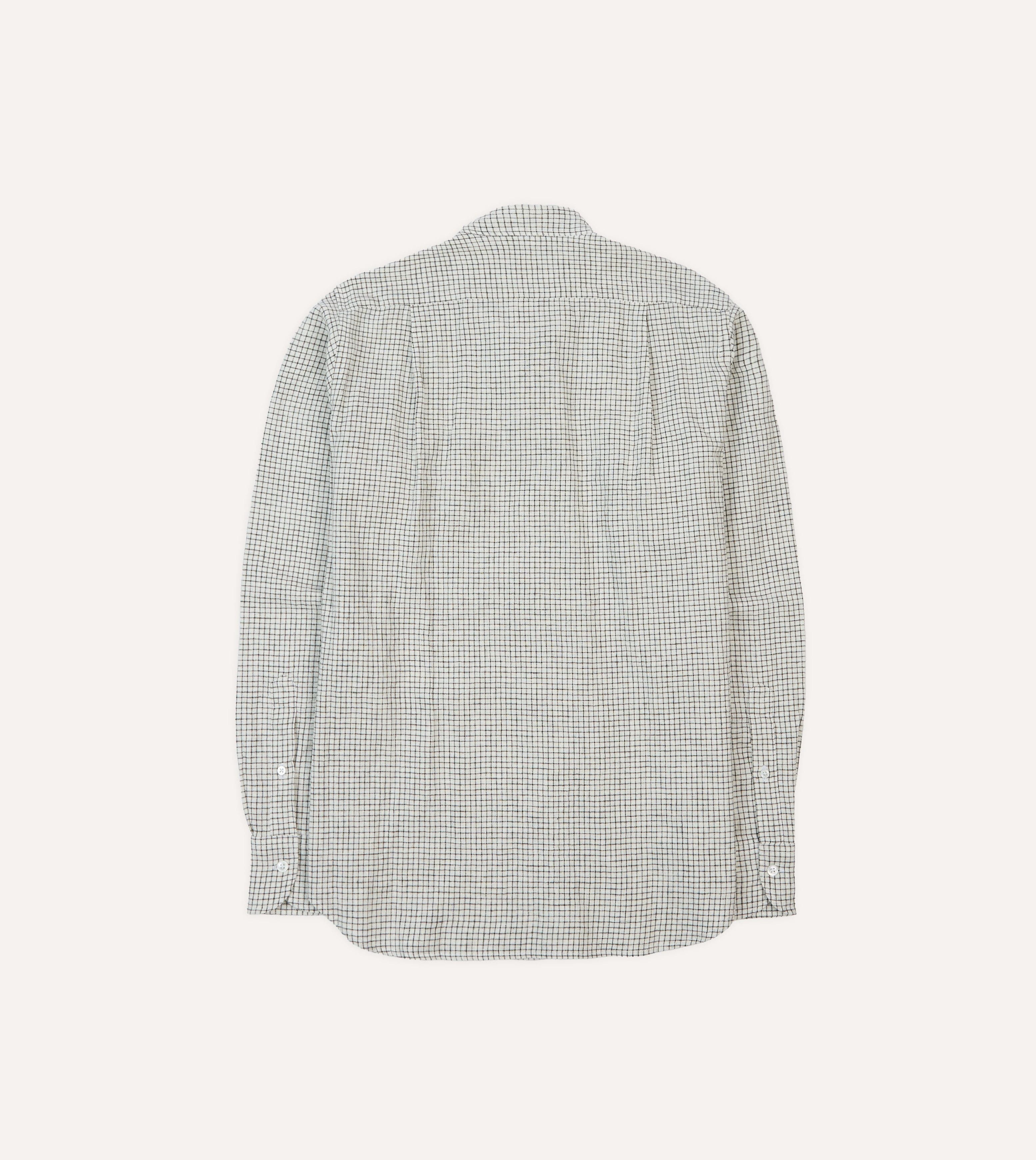 Ecru Check Linen-Cotton Mandarin Collar Shirt