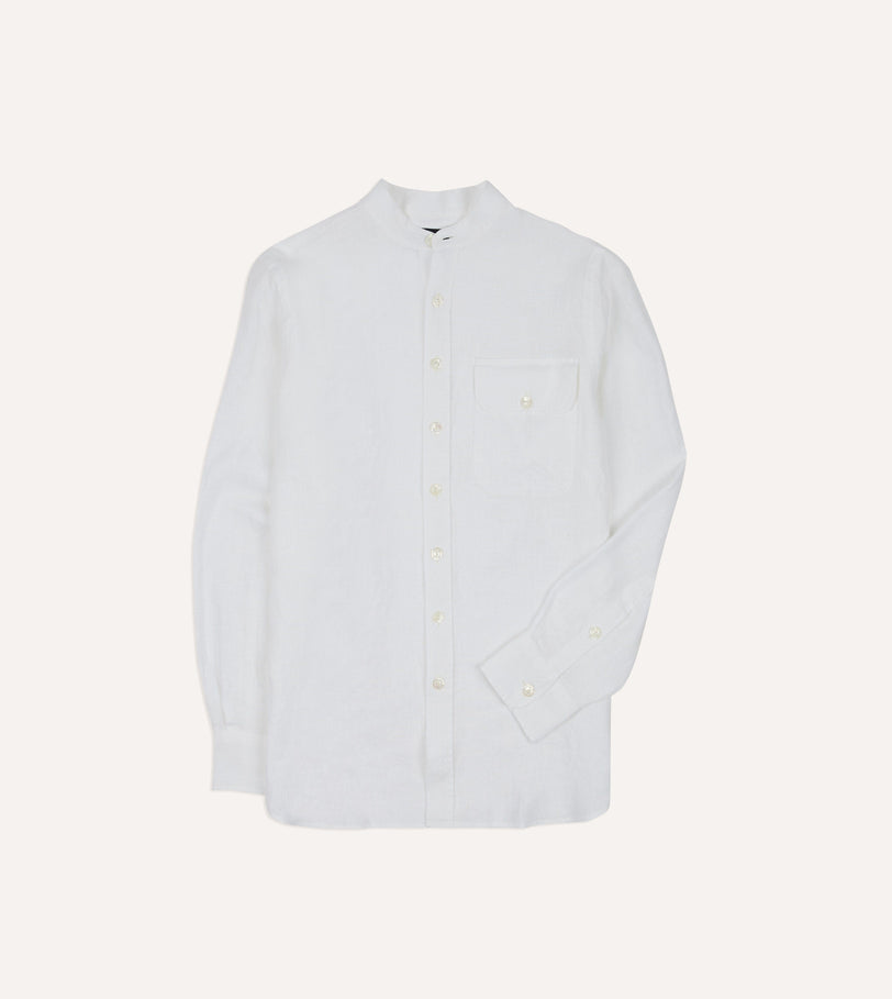White Linen Mandarin Collar Shirt
