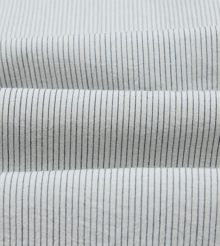 White and Navy Stripe Cotton Mandarin Collar Shirt