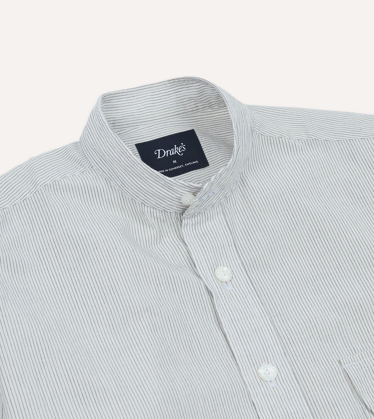 White and Navy Stripe Cotton Mandarin Collar Shirt