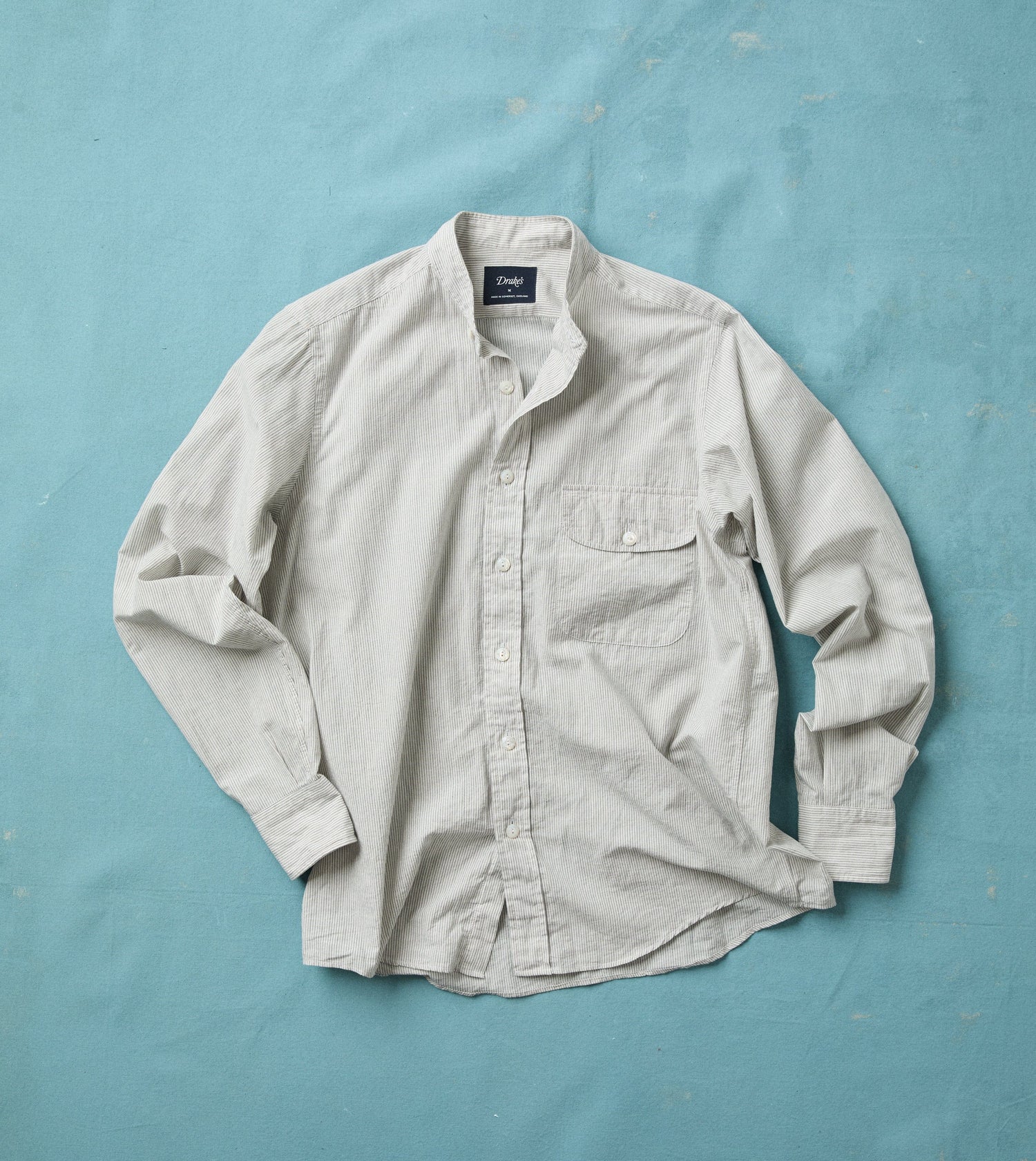 White and Navy Stripe Cotton Mandarin Collar Shirt