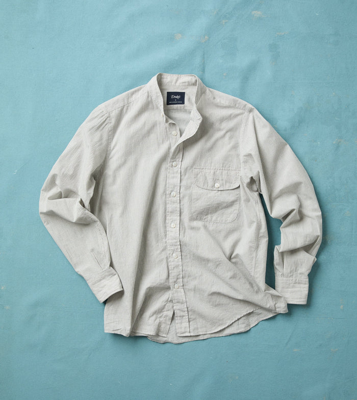 White and Navy Stripe Cotton Mandarin Collar Shirt