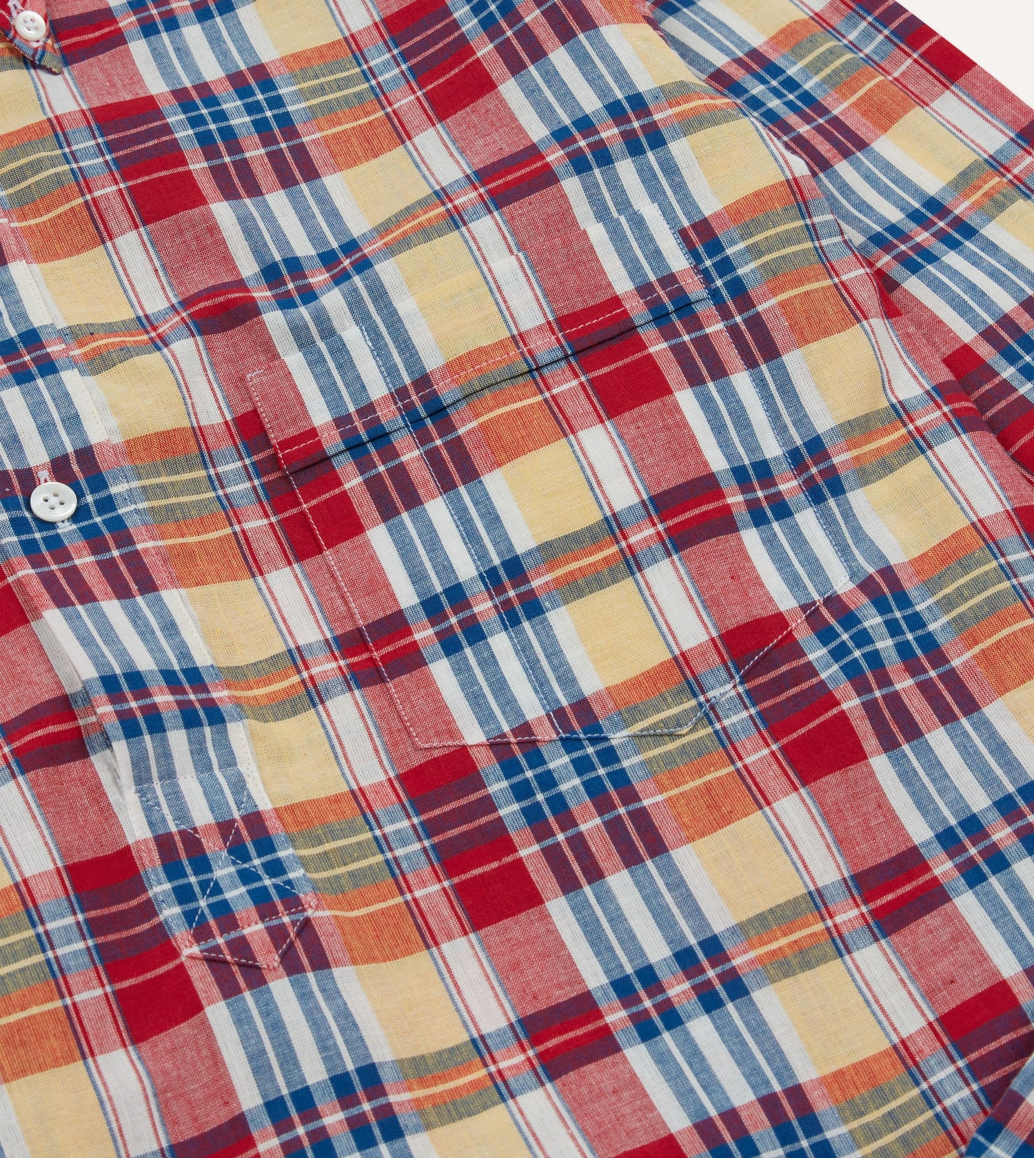 Red and Yellow Madras Check Cotton Button-Down Popover Shirt