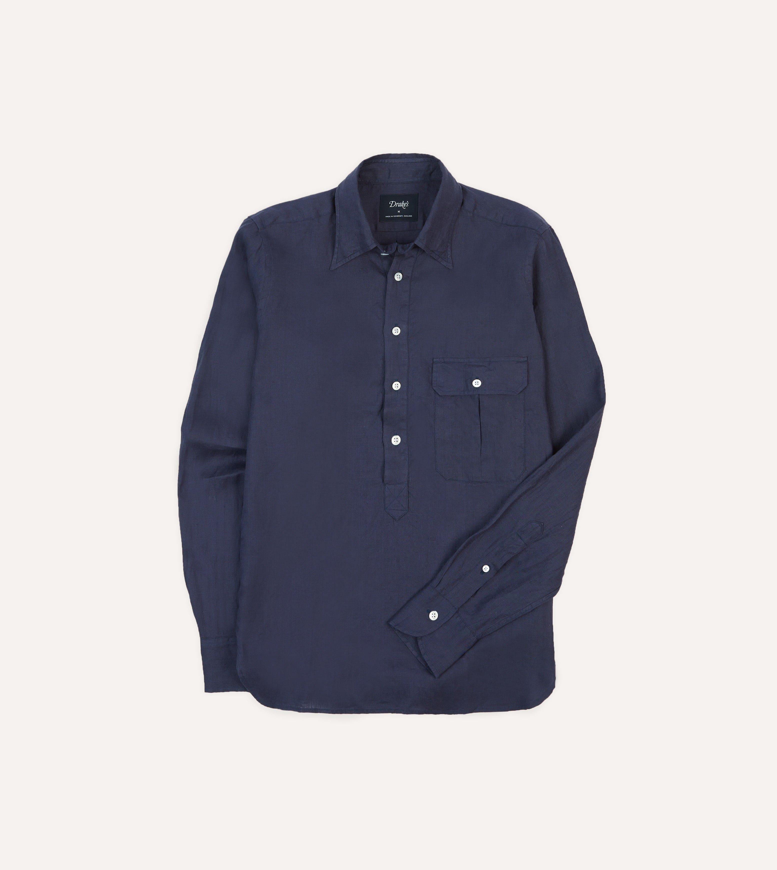 Navy Linen Long Point Collar Popover Shirt