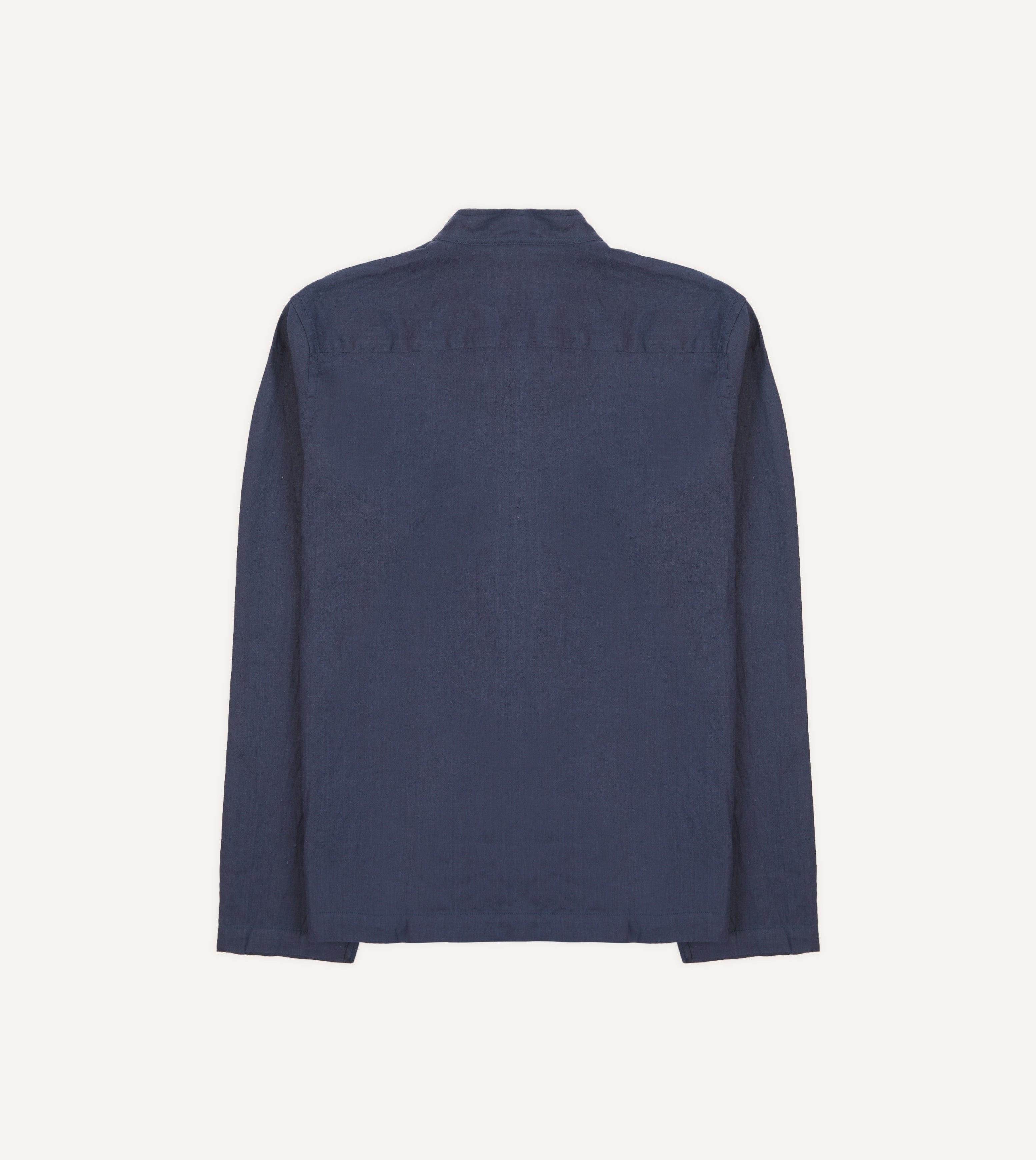 Navy Linen Mandarin Collar Popover Shirt