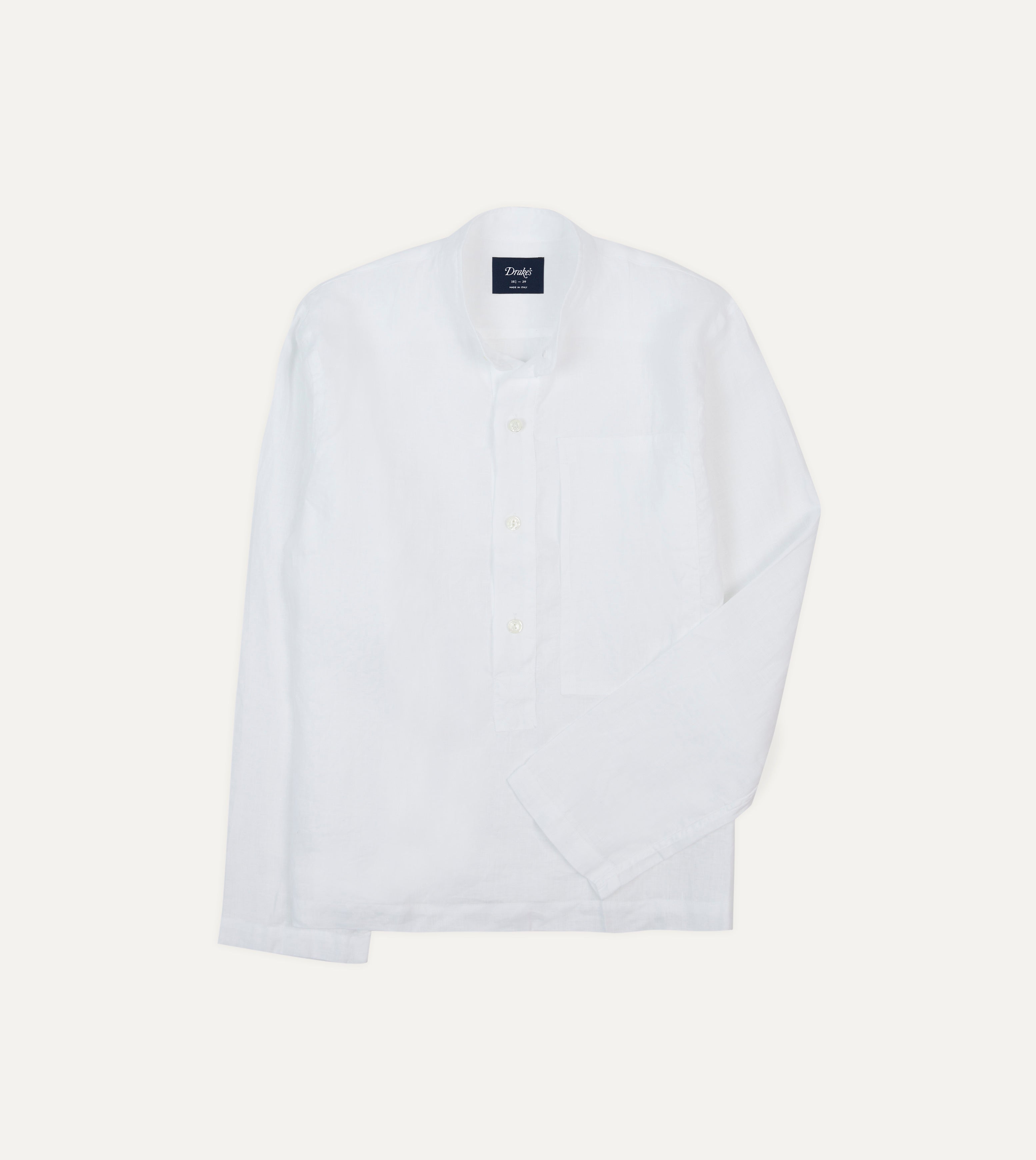 White Linen Mandarin Collar Popover Shirt – Drakes