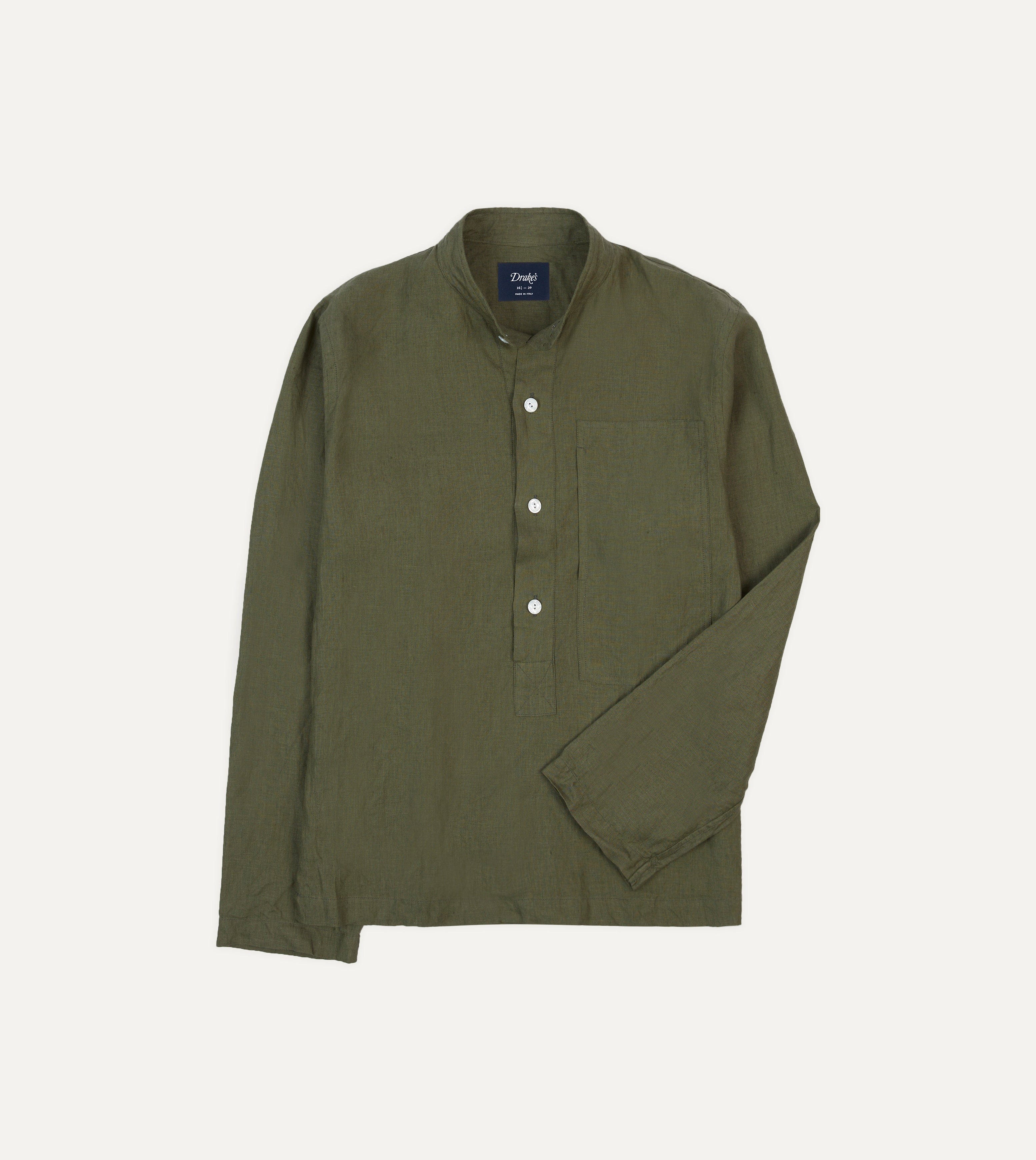 Olive Linen Mandarin Collar Popover Shirt