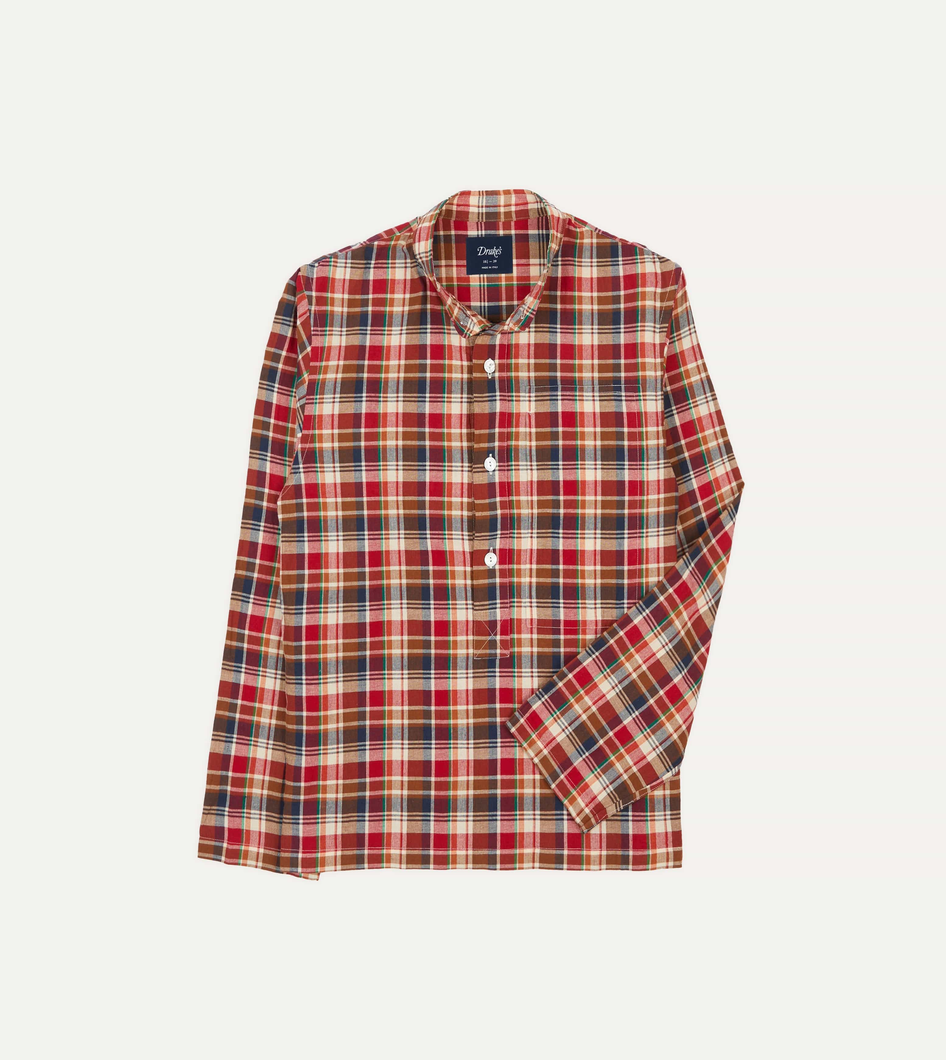 Brown, Navy and Red Madras Check Cotton Mandarin Collar Popover Shirt