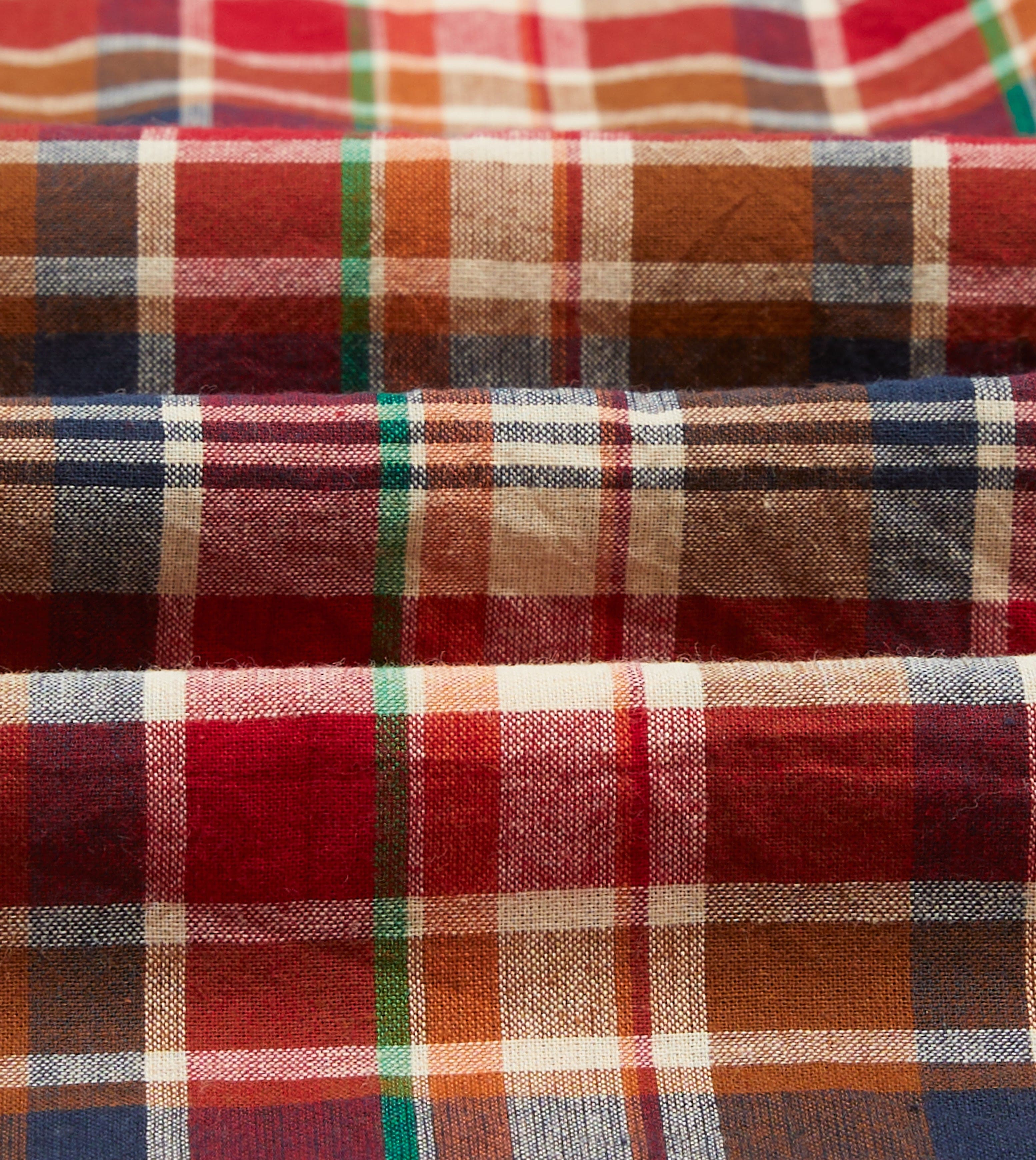Brown, Navy and Red Madras Check Cotton Mandarin Collar Popover Shirt