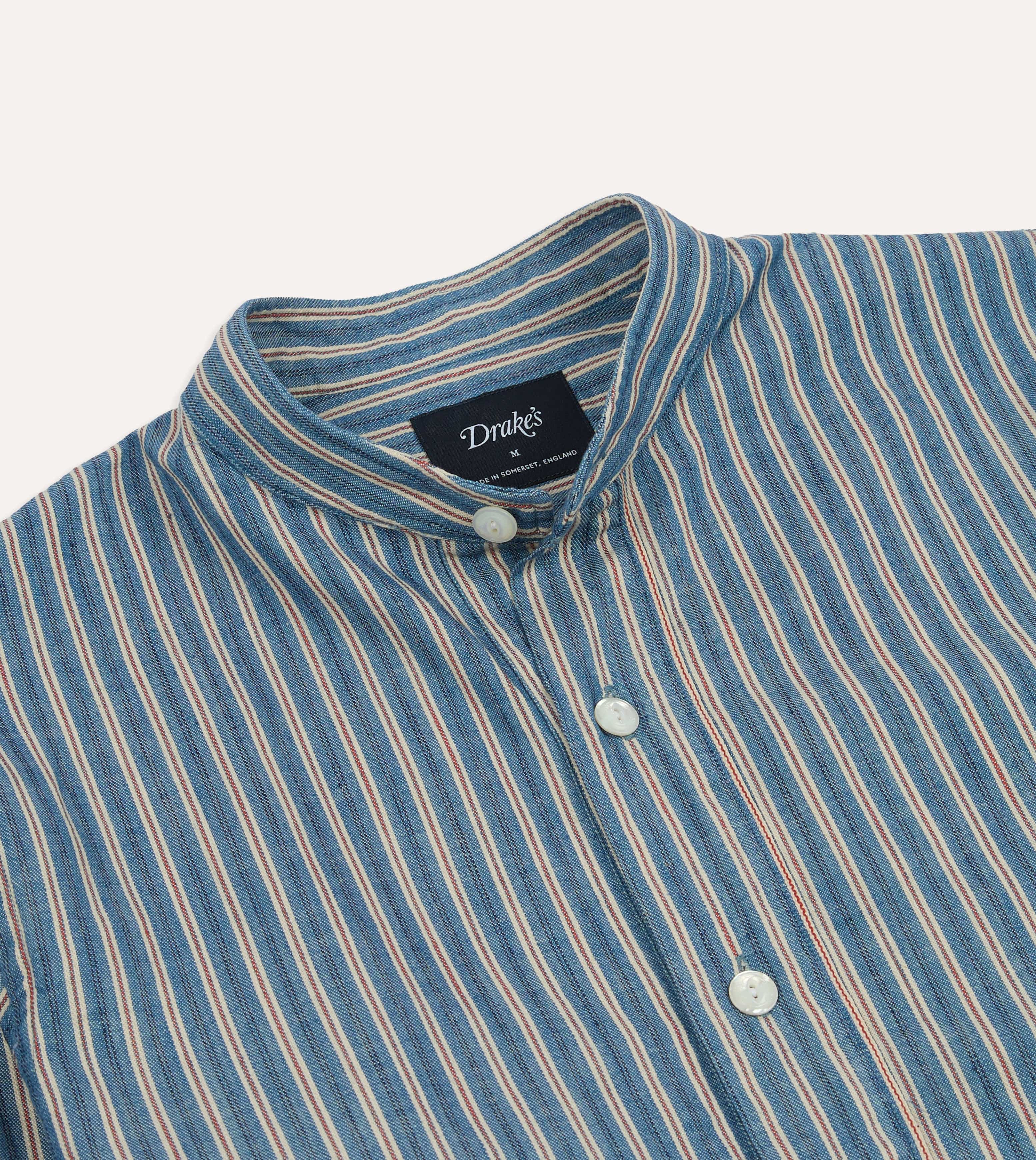 Indigo Stripe Cotton Mandarin Collar Popover Shirt – Drakes