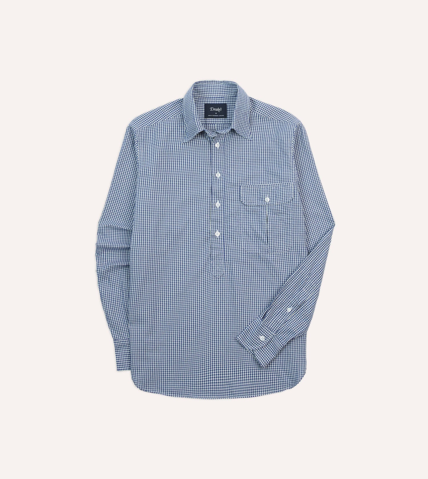 Blue Gingham Brushed Cotton Long Point Collar Popover Shirt