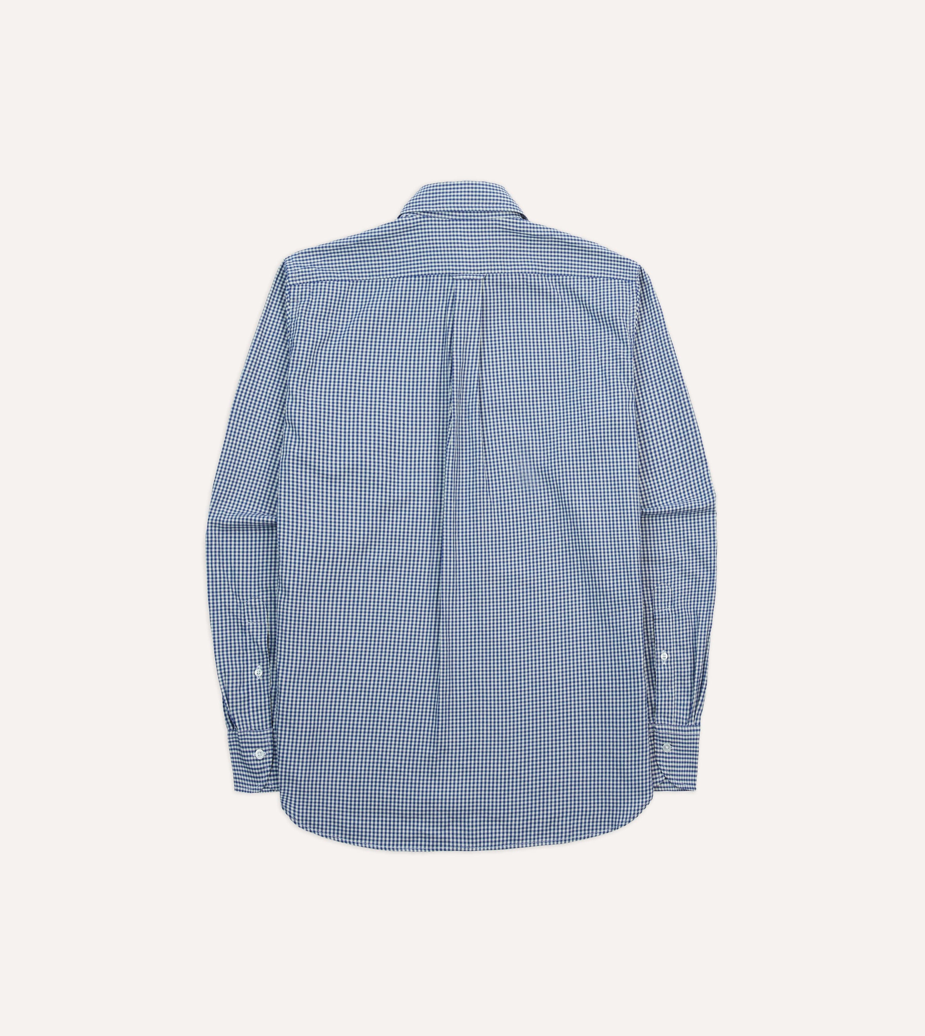 Blue Gingham Brushed Cotton Long Point Collar Popover Shirt