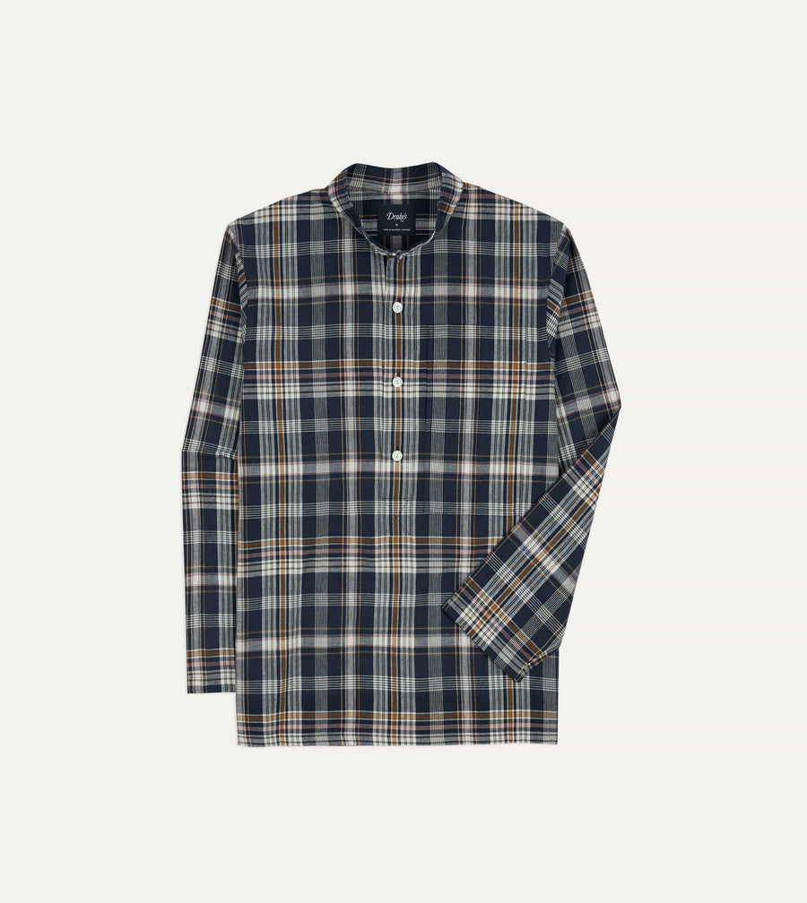 Navy, White and Yellow Madras Check Cotton Mandarin Collar Popover Shirt