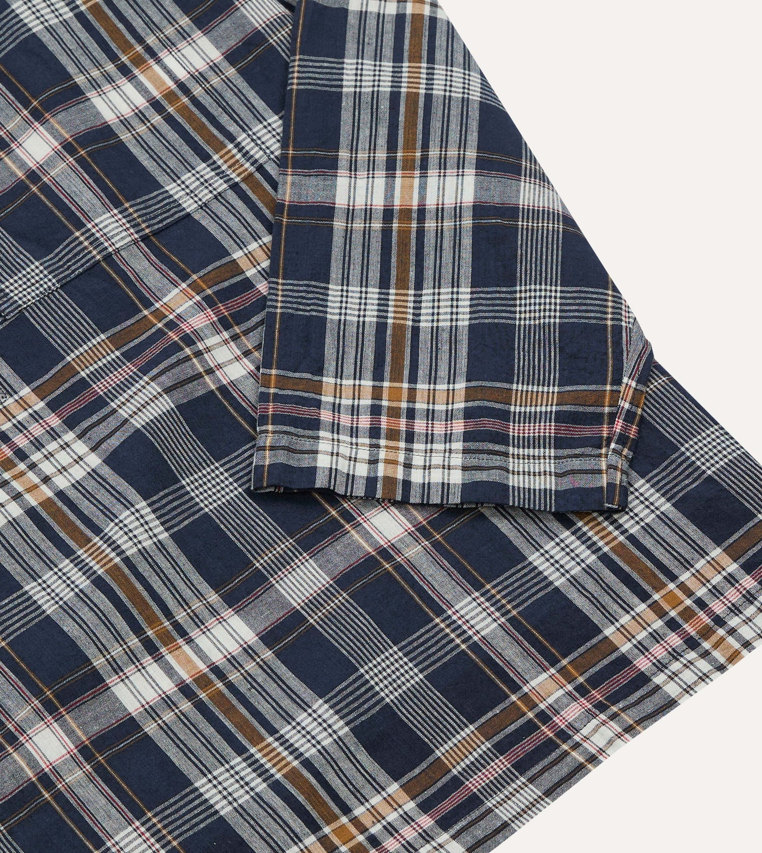 Navy, White and Yellow Madras Check Cotton Mandarin Collar Popover Shirt