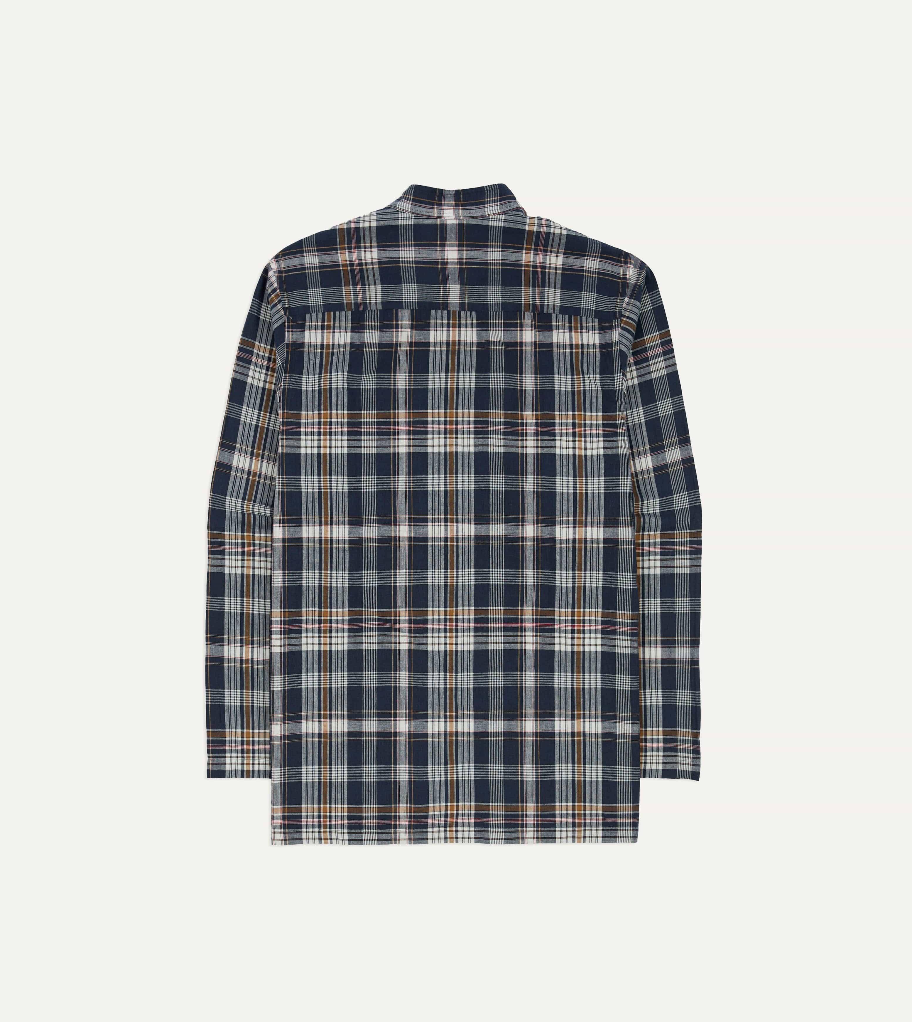 Navy, White and Yellow Madras Check Cotton Mandarin Collar Popover Shirt