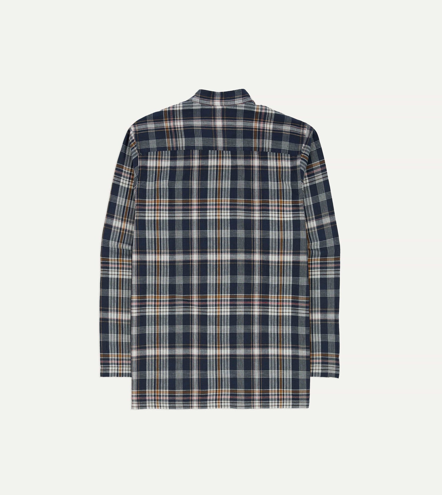 Navy, White and Yellow Madras Check Cotton Mandarin Collar Popover Shirt