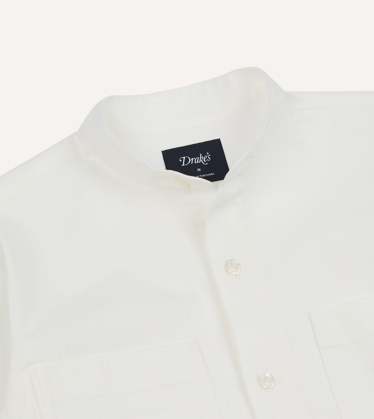 White Herringbone Cotton Mandarin Collar Popover Shirt