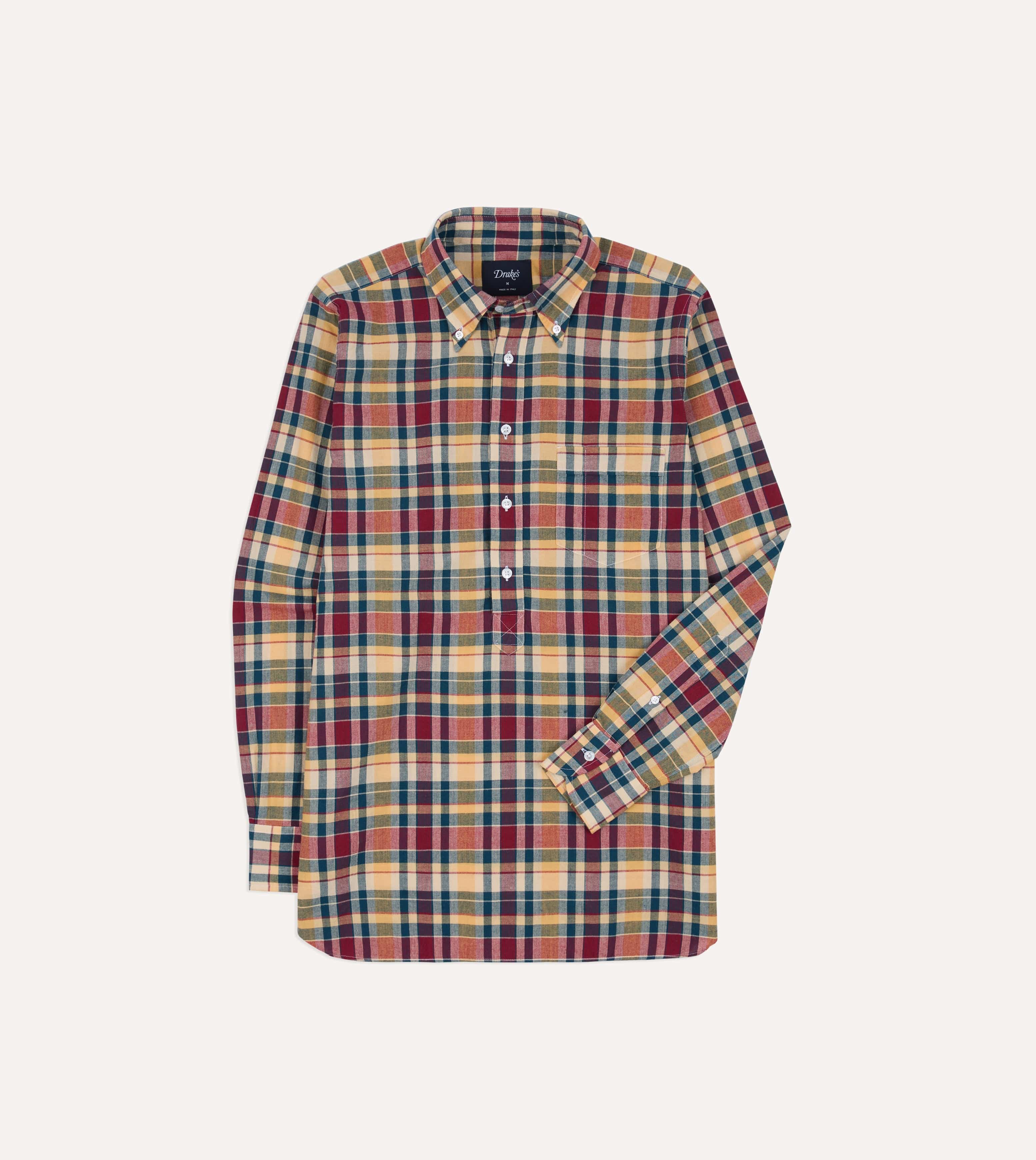Navy, Yellow and Red Madras Check Cotton Button-Down Popover Shirt