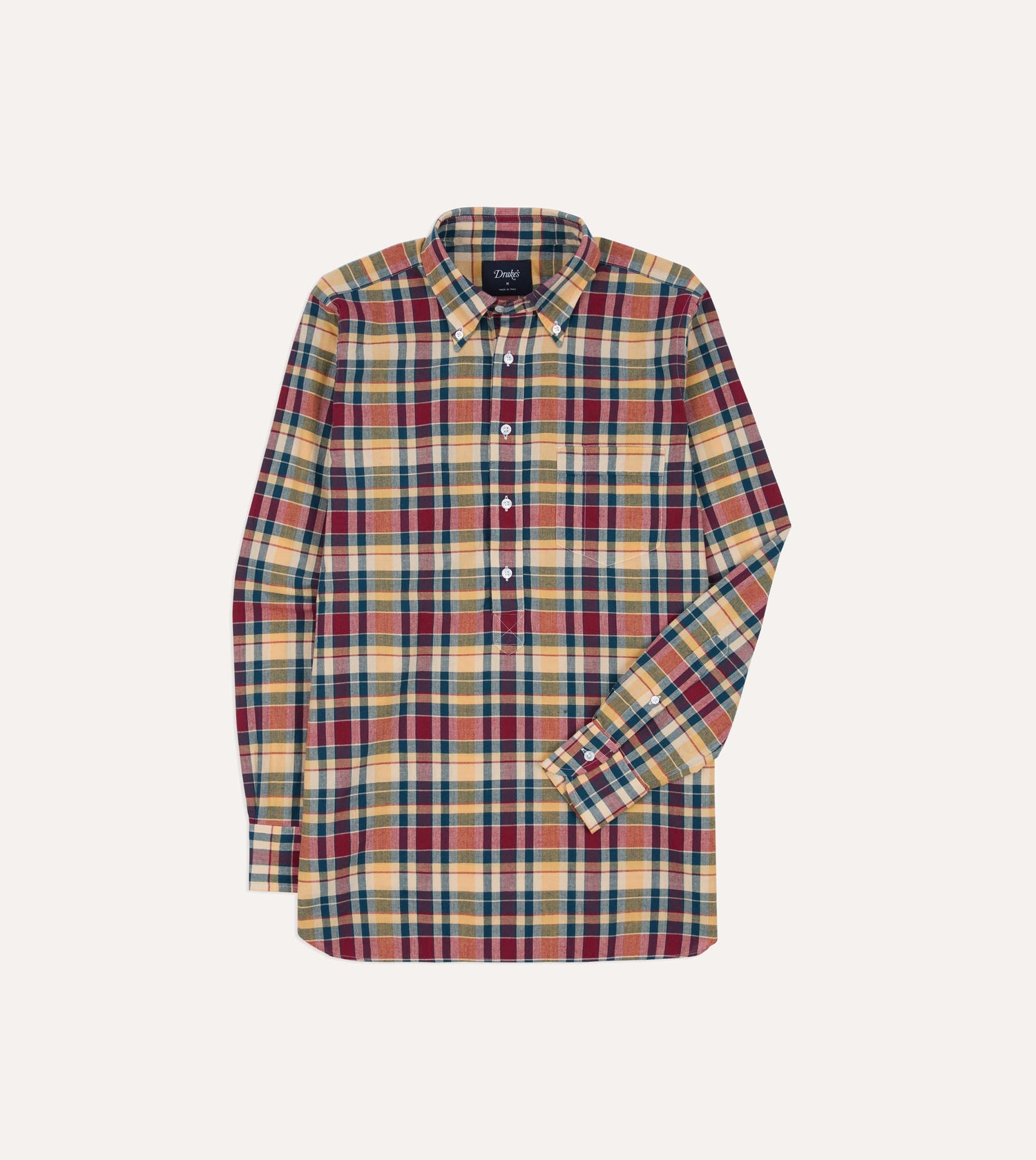 Navy, Yellow and Red Madras Check Cotton Button-Down Popover Shirt