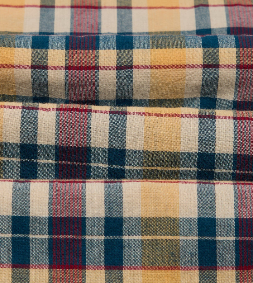 Navy, Yellow and Red Madras Check Cotton Button-Down Popover Shirt