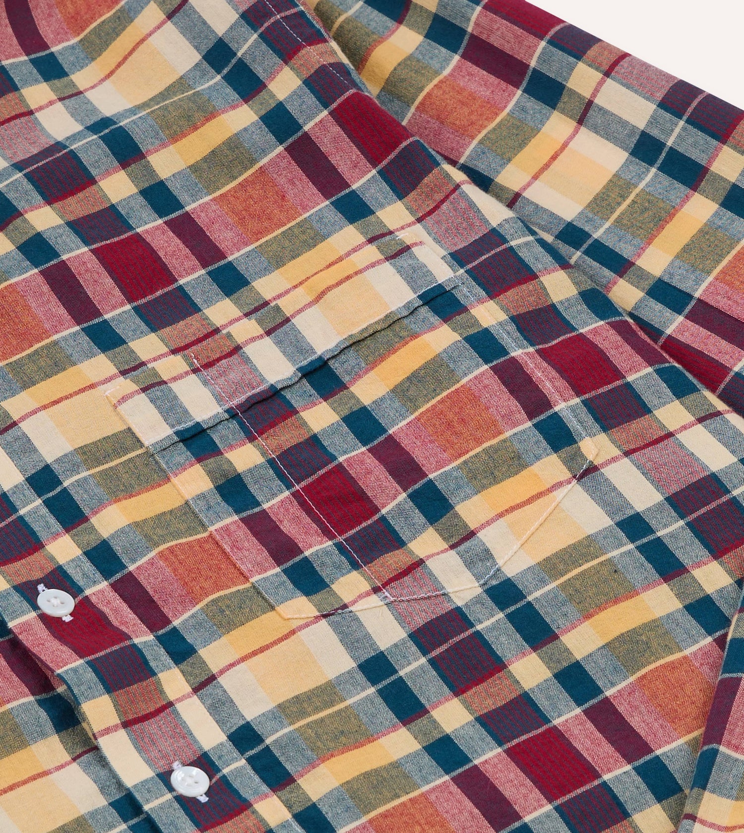 Navy, Yellow and Red Madras Check Cotton Button-Down Popover Shirt