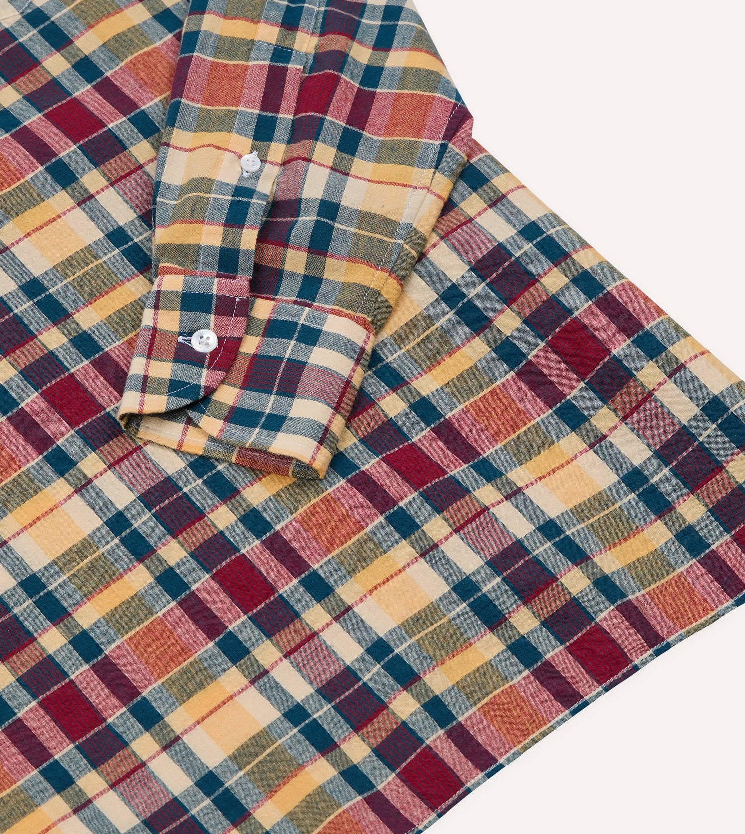 Navy, Yellow and Red Madras Check Cotton Button-Down Popover Shirt