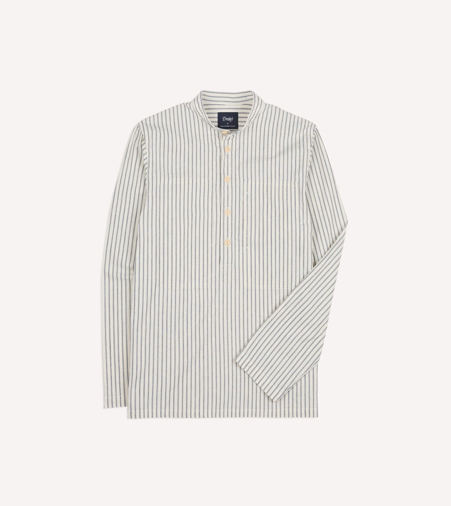 Indigo Stripe Cotton Mandarin Collar Popover Shirt