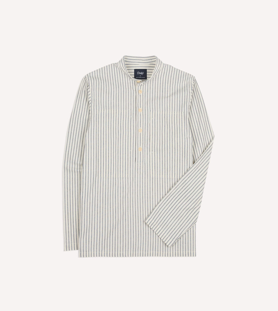 Indigo Stripe Cotton Mandarin Collar Popover Shirt