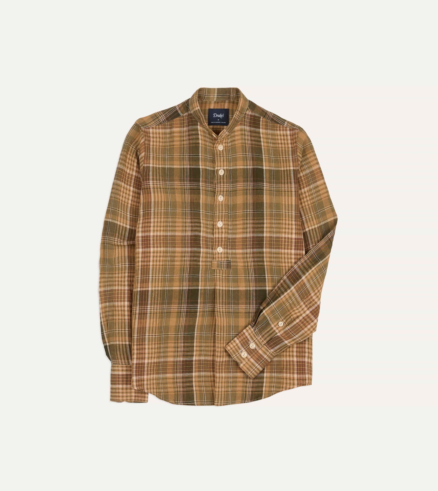 Brown Check Linen Mandarin Collar Popover Shirt
