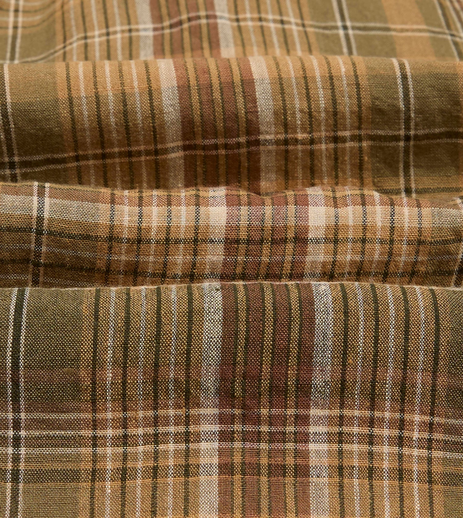 Brown Check Linen Mandarin Collar Popover Shirt