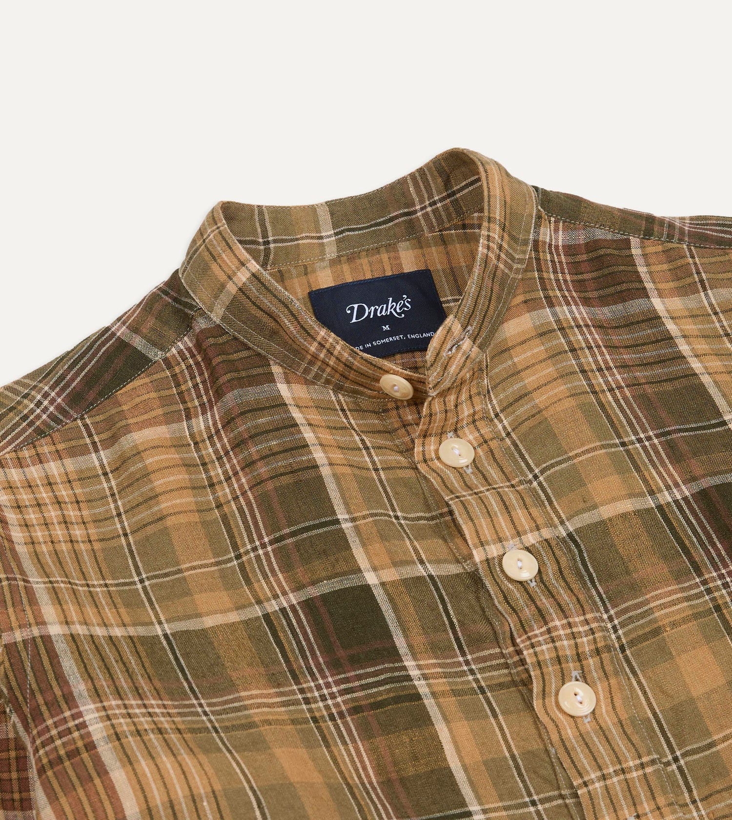 Brown Check Linen Mandarin Collar Popover Shirt