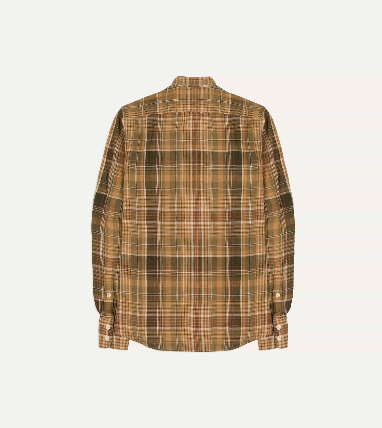Brown Check Linen Mandarin Collar Popover Shirt