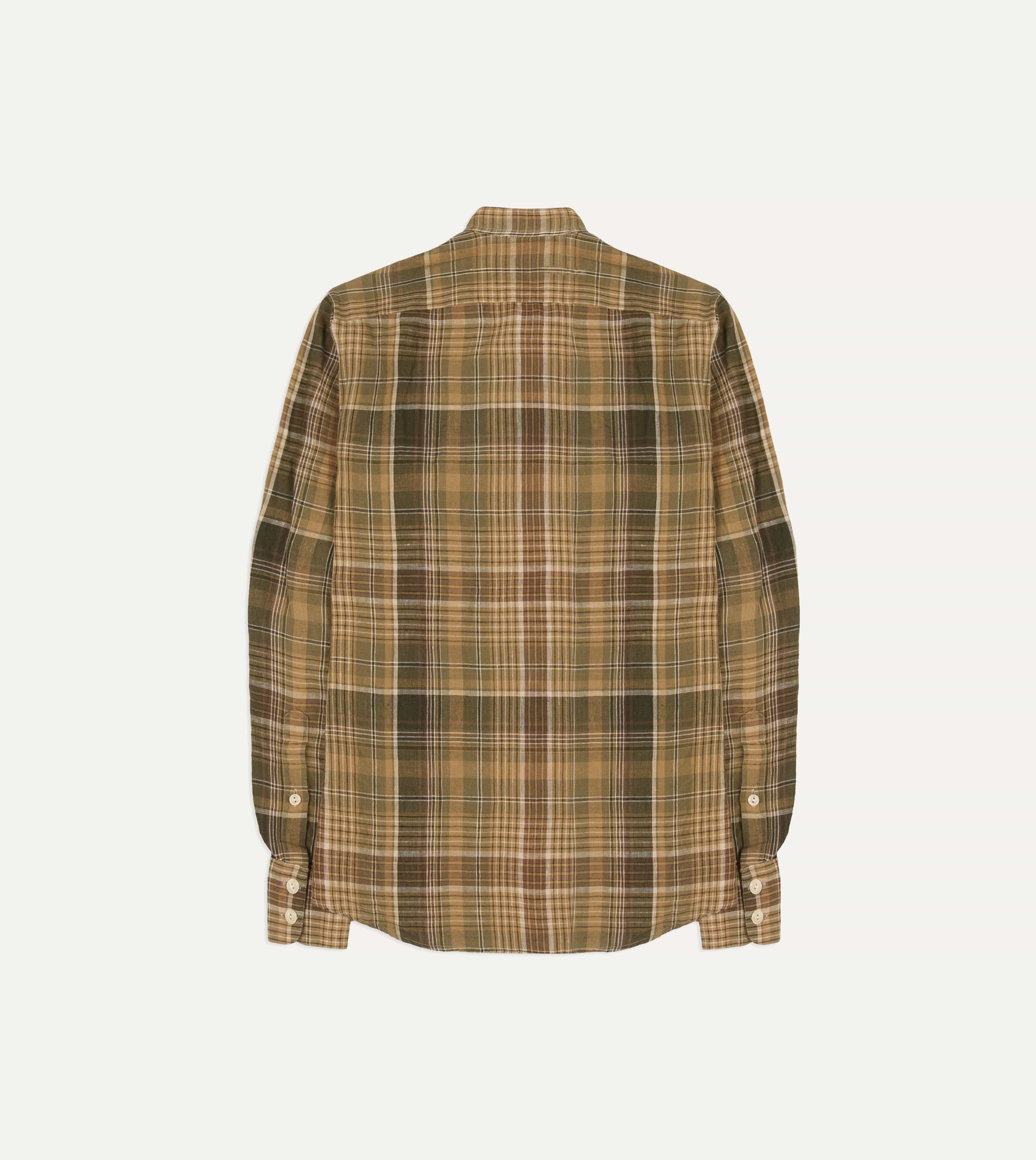 Brown Check Linen Mandarin Collar Popover Shirt
