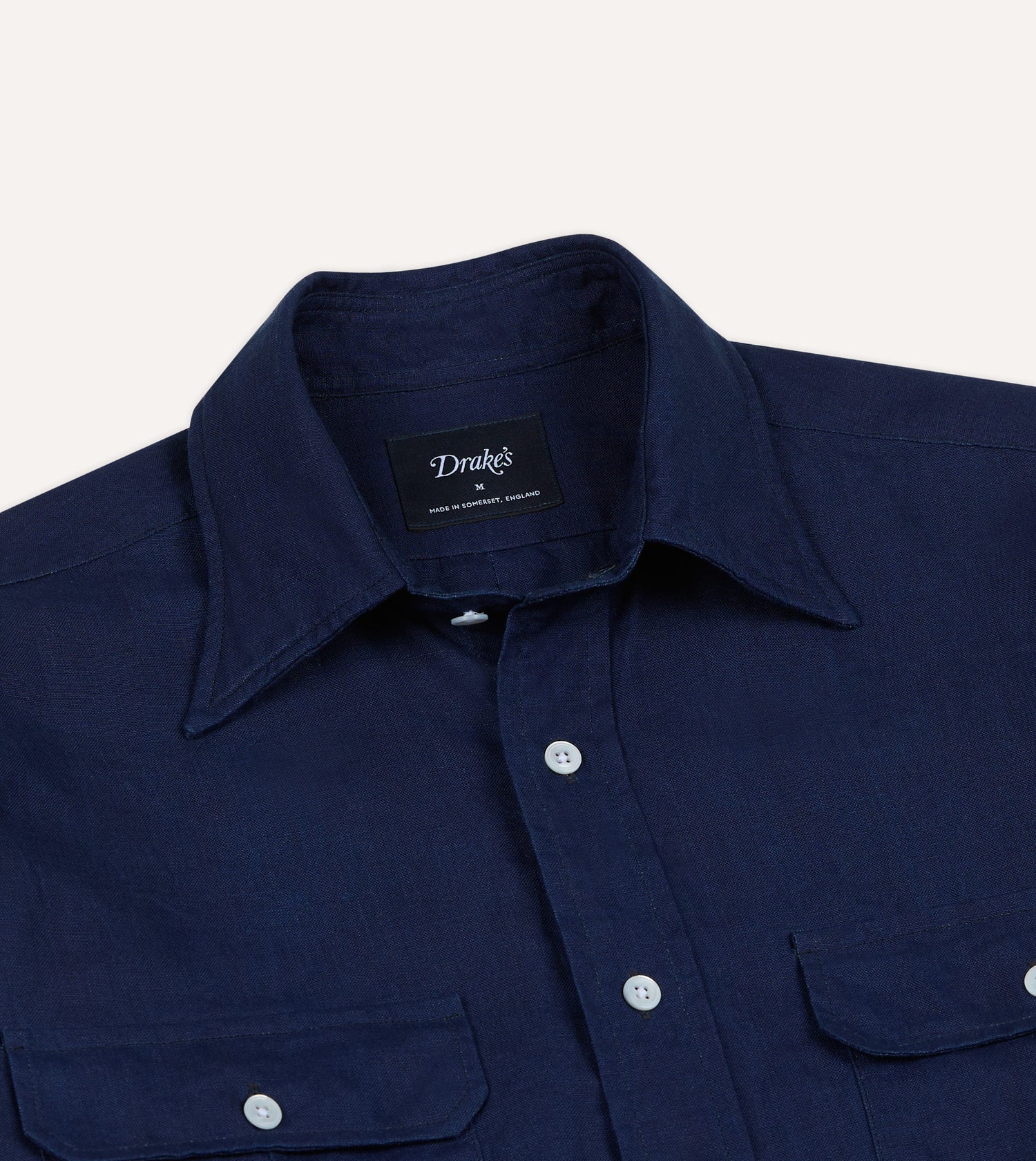 Indigo Linen Two-Pocket Long Point Collar Work Shirt