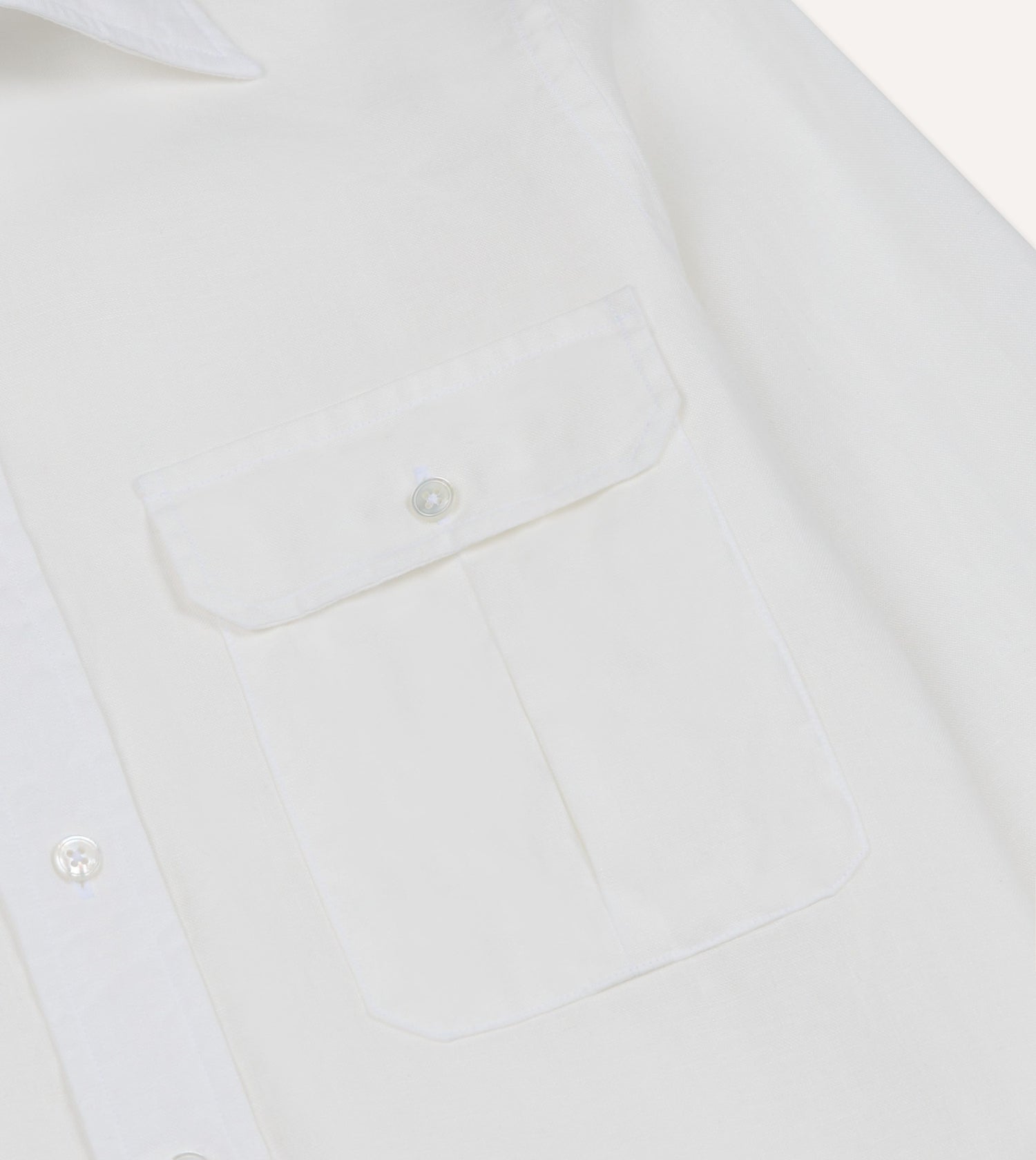White Linen Two-Pocket Long Point Collar Work Shirt