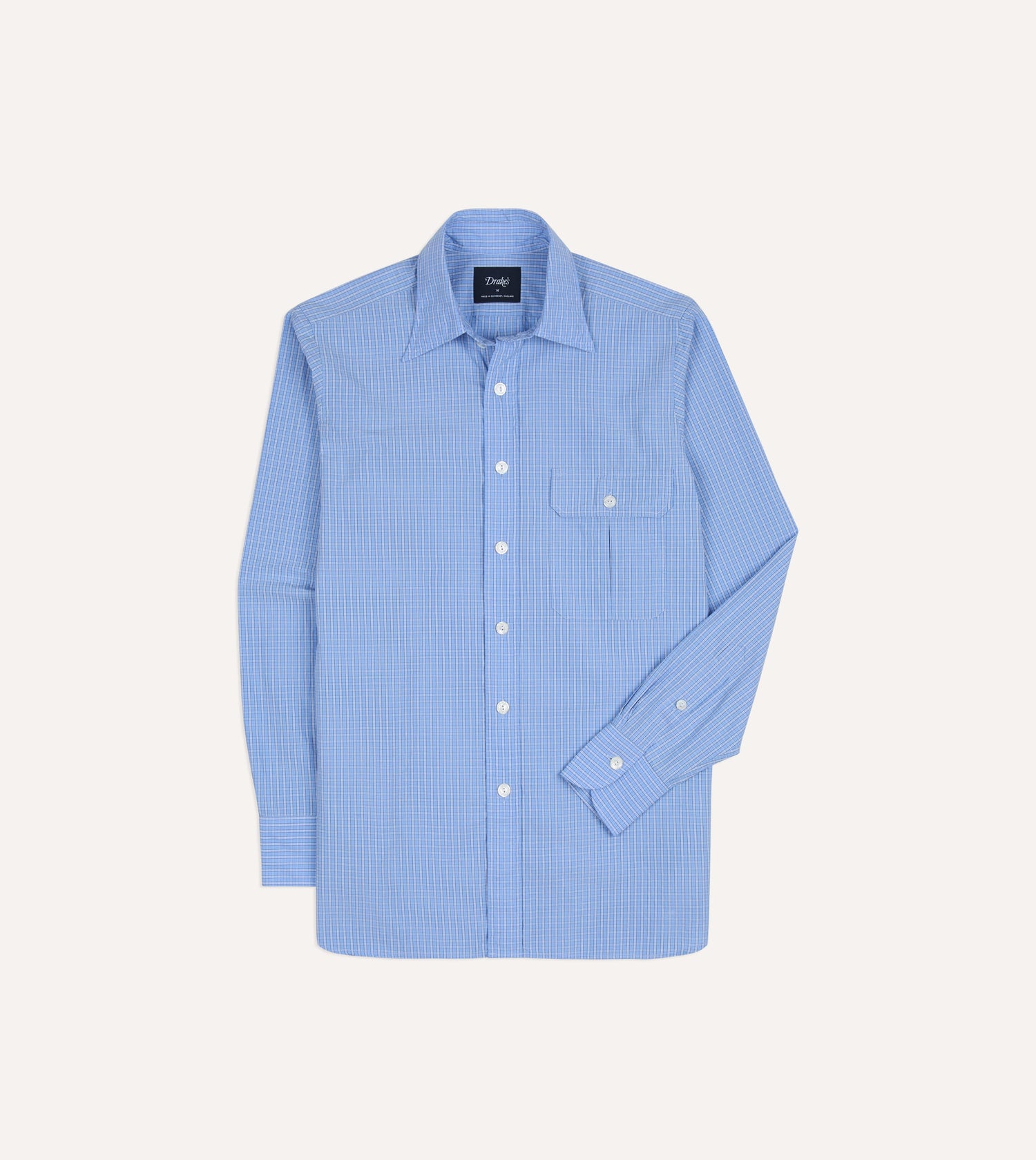 Blue Check Cotton Long Point Collar Shirt