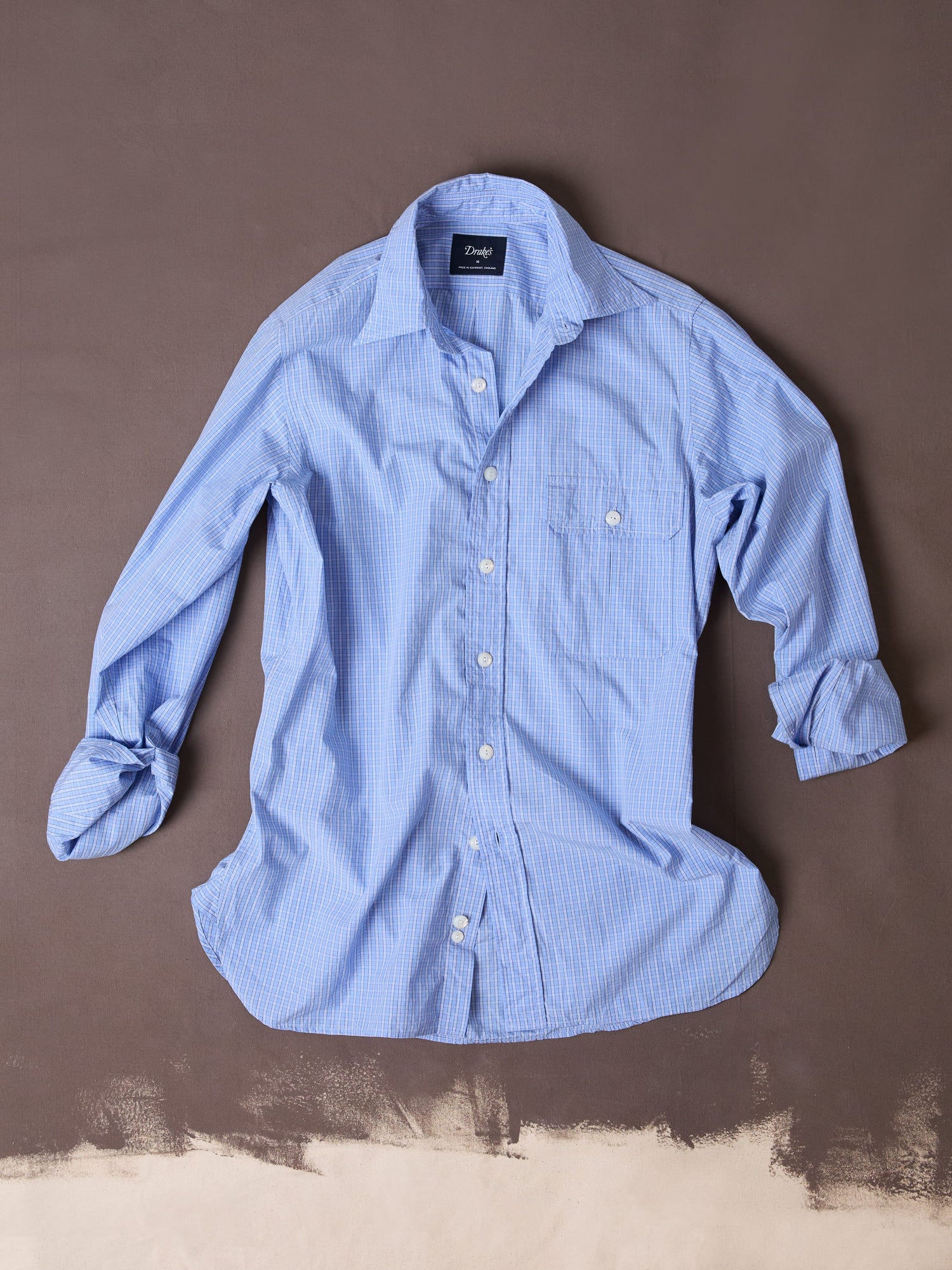 Blue Check Cotton Long Point Collar Shirt