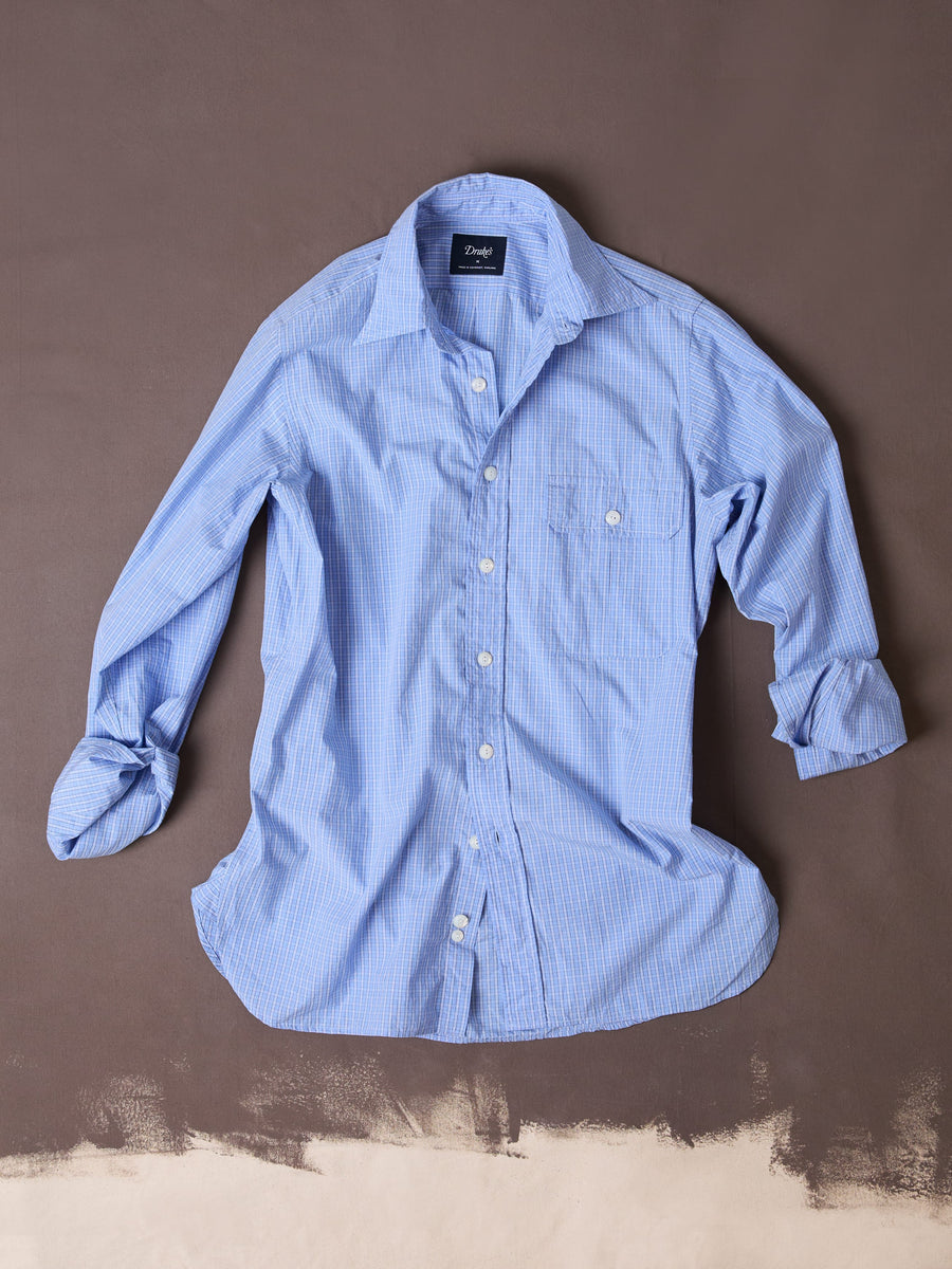 Blue Check Cotton Long Point Collar Shirt