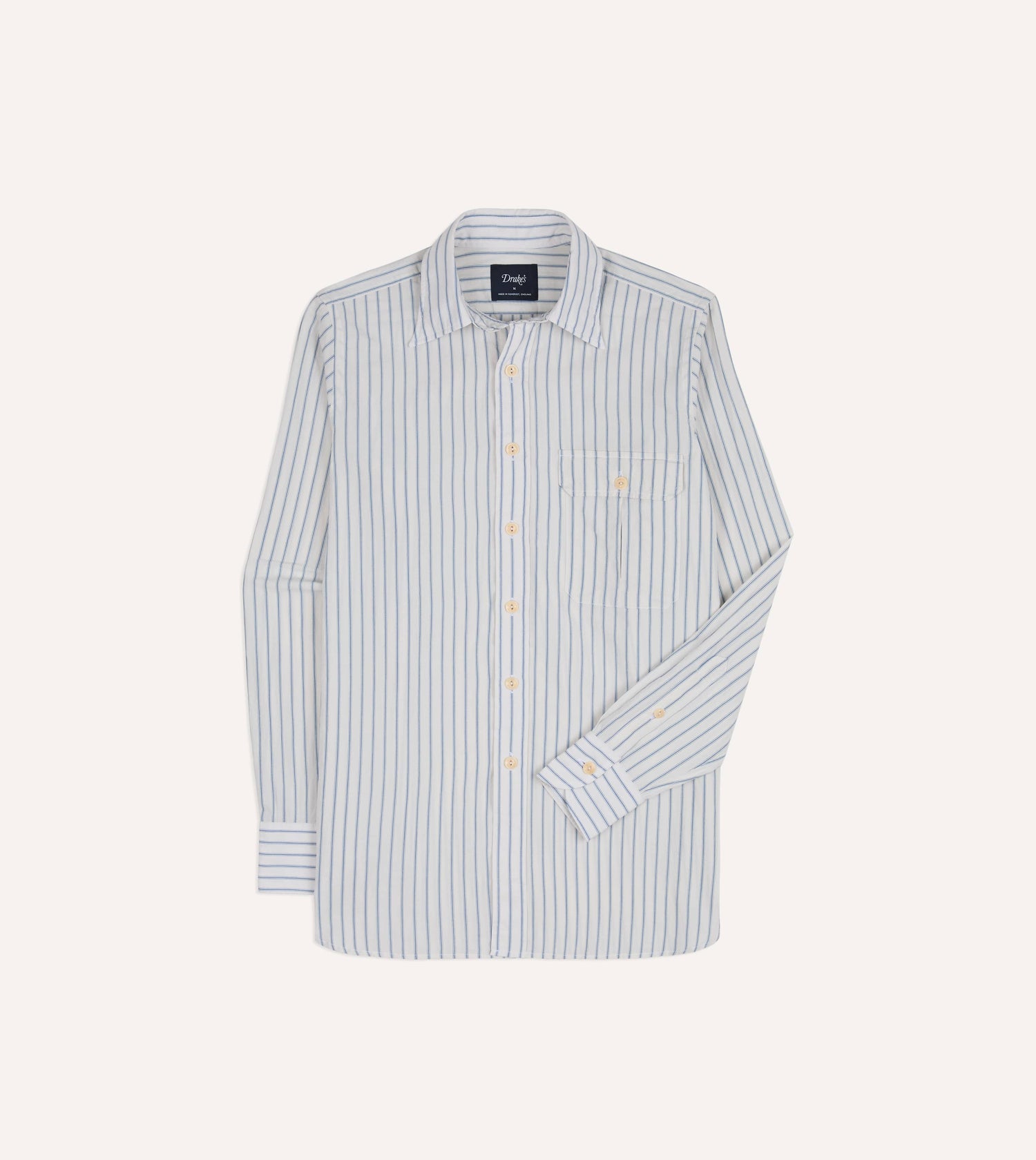 White and Blue Stripe Linen-Cotton Long Point Collar Shirt
